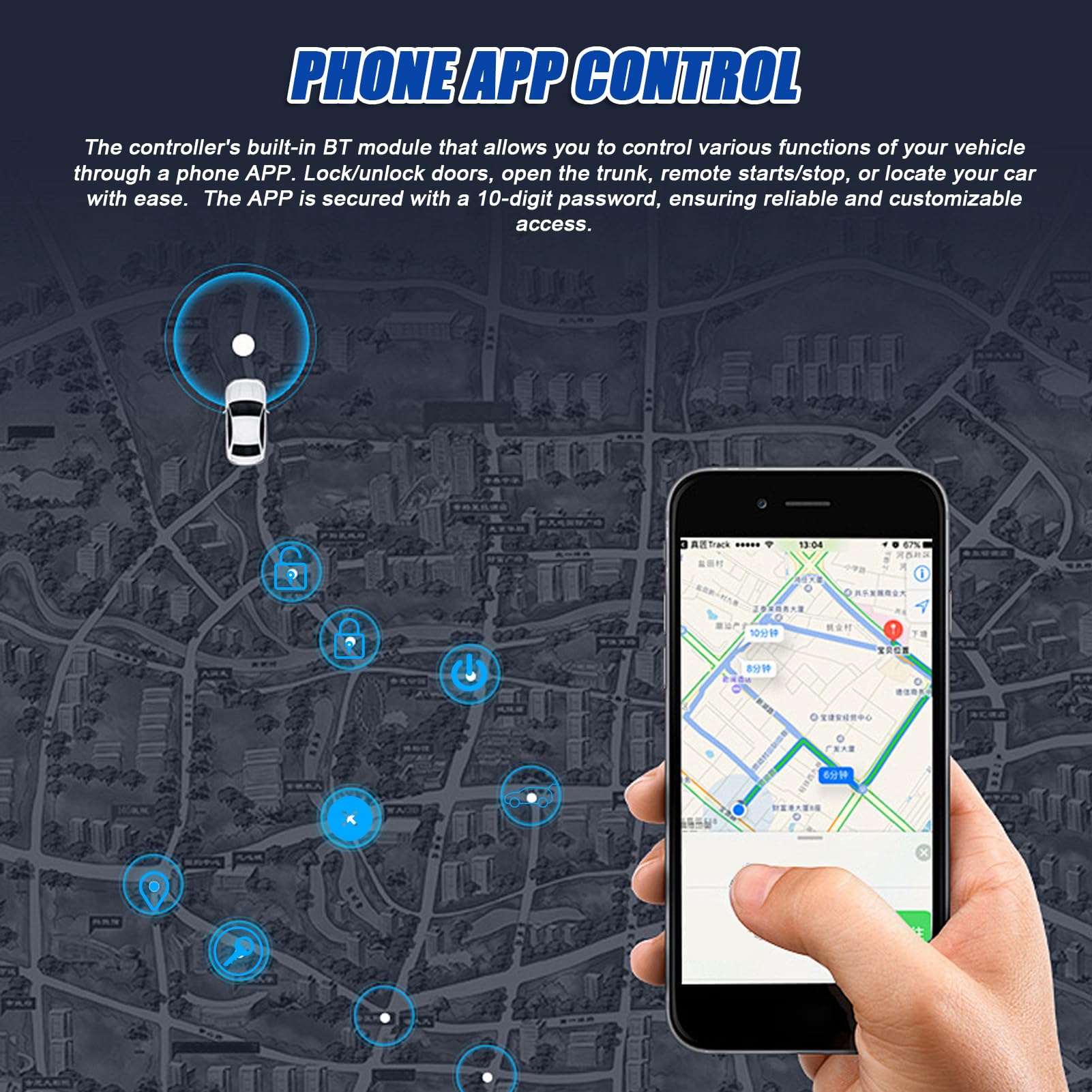 Shkalacar 12V PKE-Schlüsselloses Zugangssystem, Zentralverriegelung unterstützt APP-Steuerung mit 2 Fernbedienungen, Druckknopf zum Starten/Stoppen,BT Alarmanlage mit Fernstartsystem für Auto(Schwarz)
