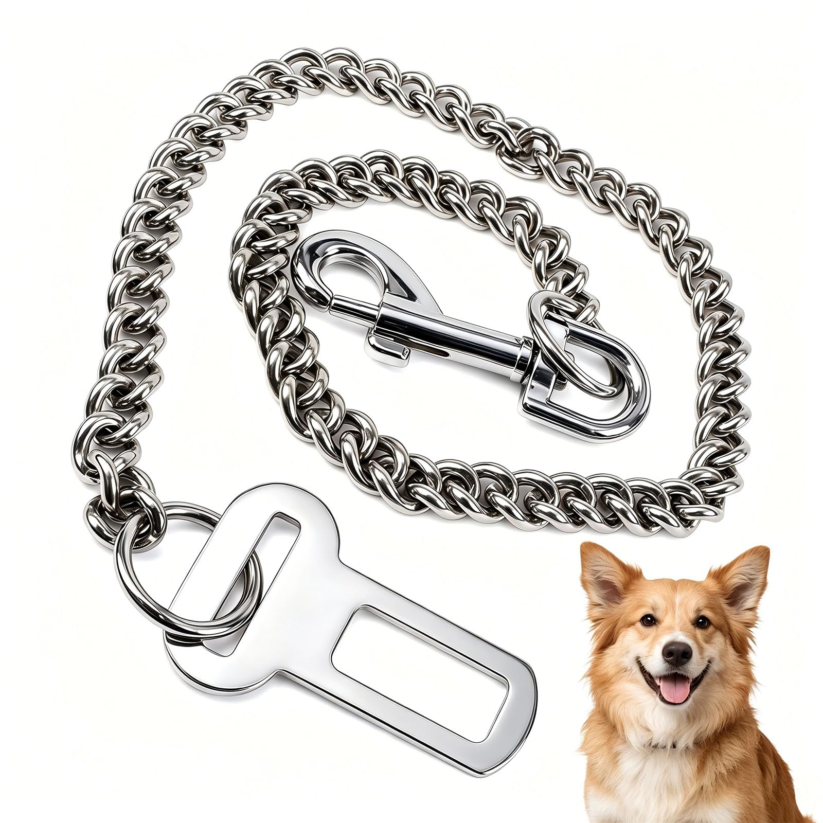 Stainless Steel Dog Car Seat Belt – 80cm Heavy Duty Pet Safety Restraint Cable, Non-Chew Vehicle Leash Strap with Double Clip & Rotating Latches for Large Dogs