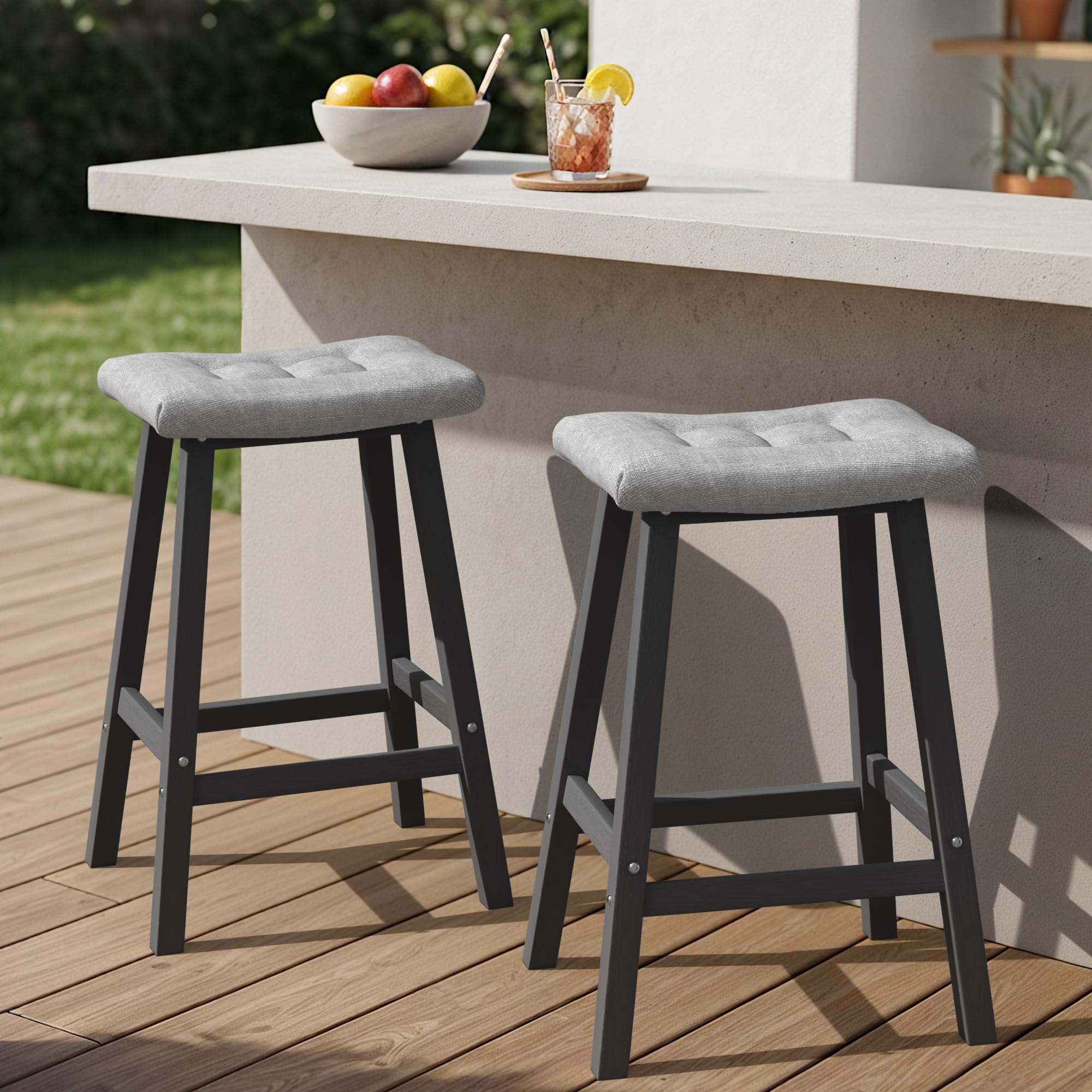 Ciokea 2 Set 29" Outdoor Bar Stools with Cushions, Heavy Duty HDPE Outdoor Stools Weatherproof Waterproof Patio Seats Modern Bar Height Tall BarStools for Bar Deck Balcony Kitchen Yard, Black