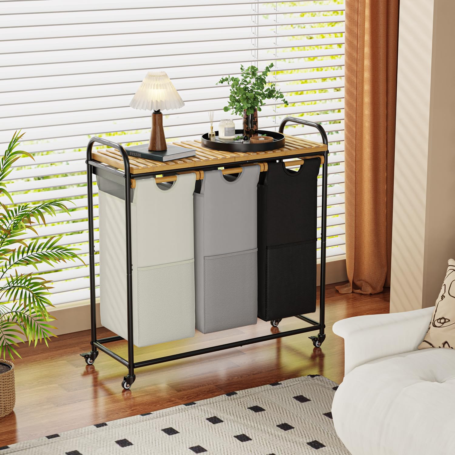 Cesto portabiancheria a 3 sezioni, con ripiano rimovibile e borse estraibili, cesto per vestiti con ruote, cesto per lavanderia e bagno, 3 x 40 l (nero, bianco, grigio)