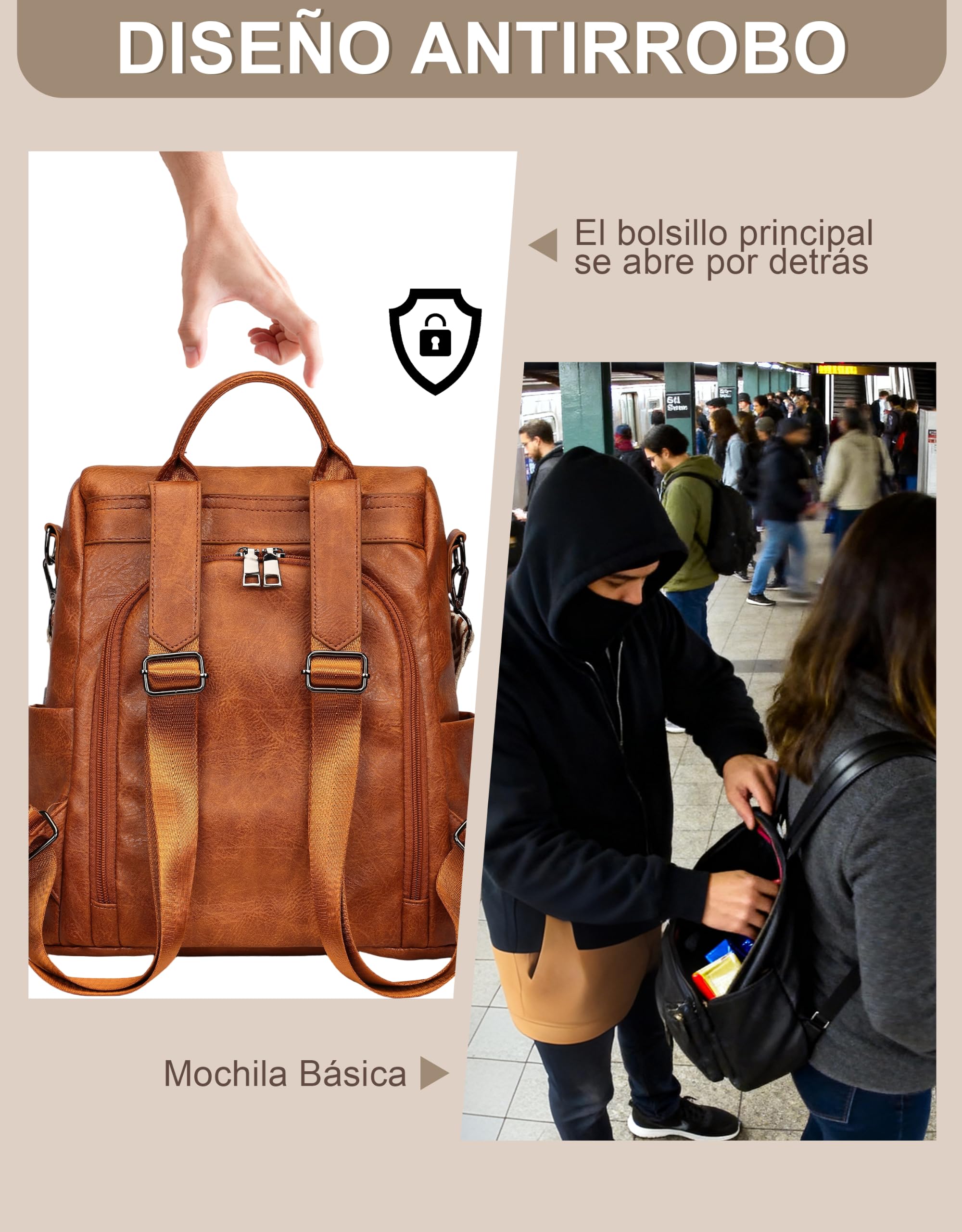 Mochila Mujer Antirrobo con Protección RFID y Bolsillo Pequeño