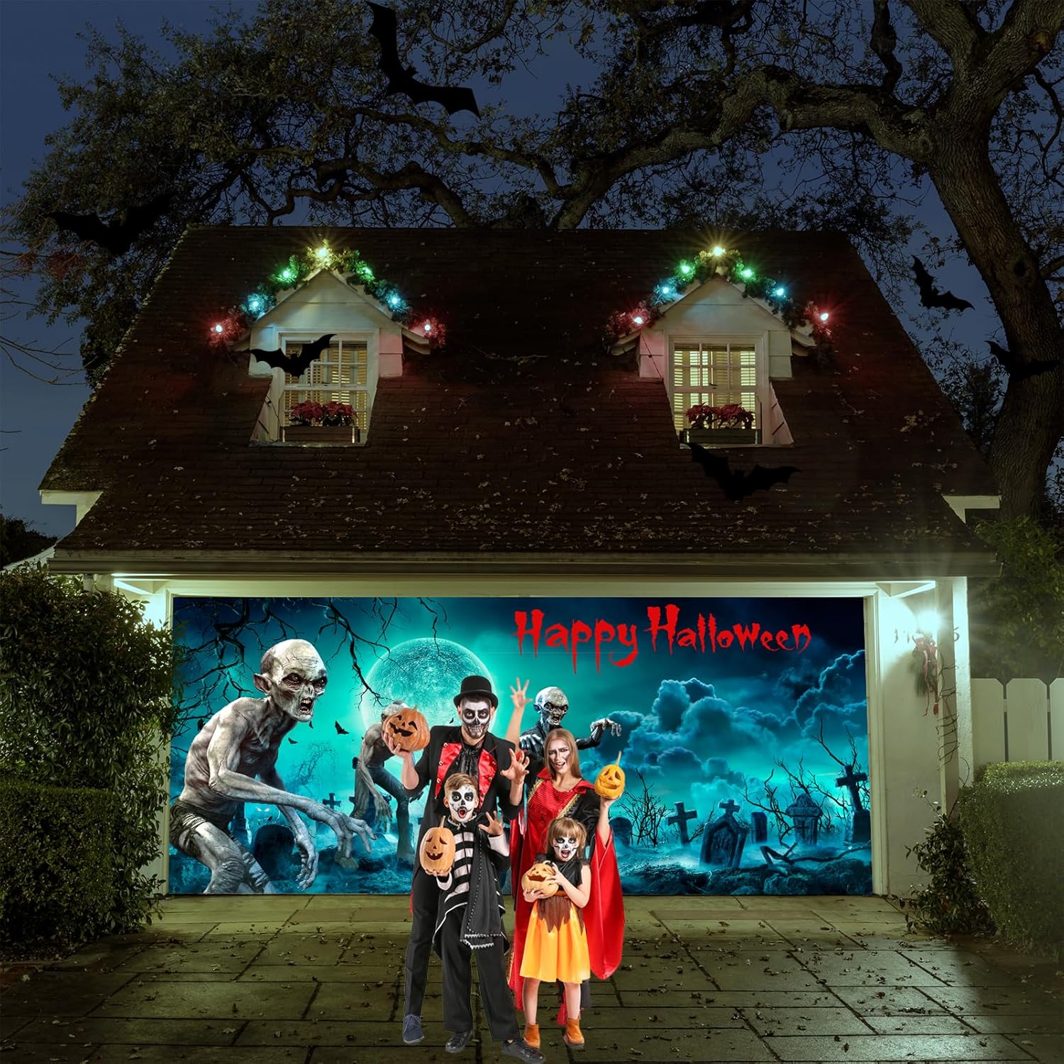 Halloween Zombie Garage Door Cover - Large Double 7x16 ft Banner Backdrop Mural Decorations