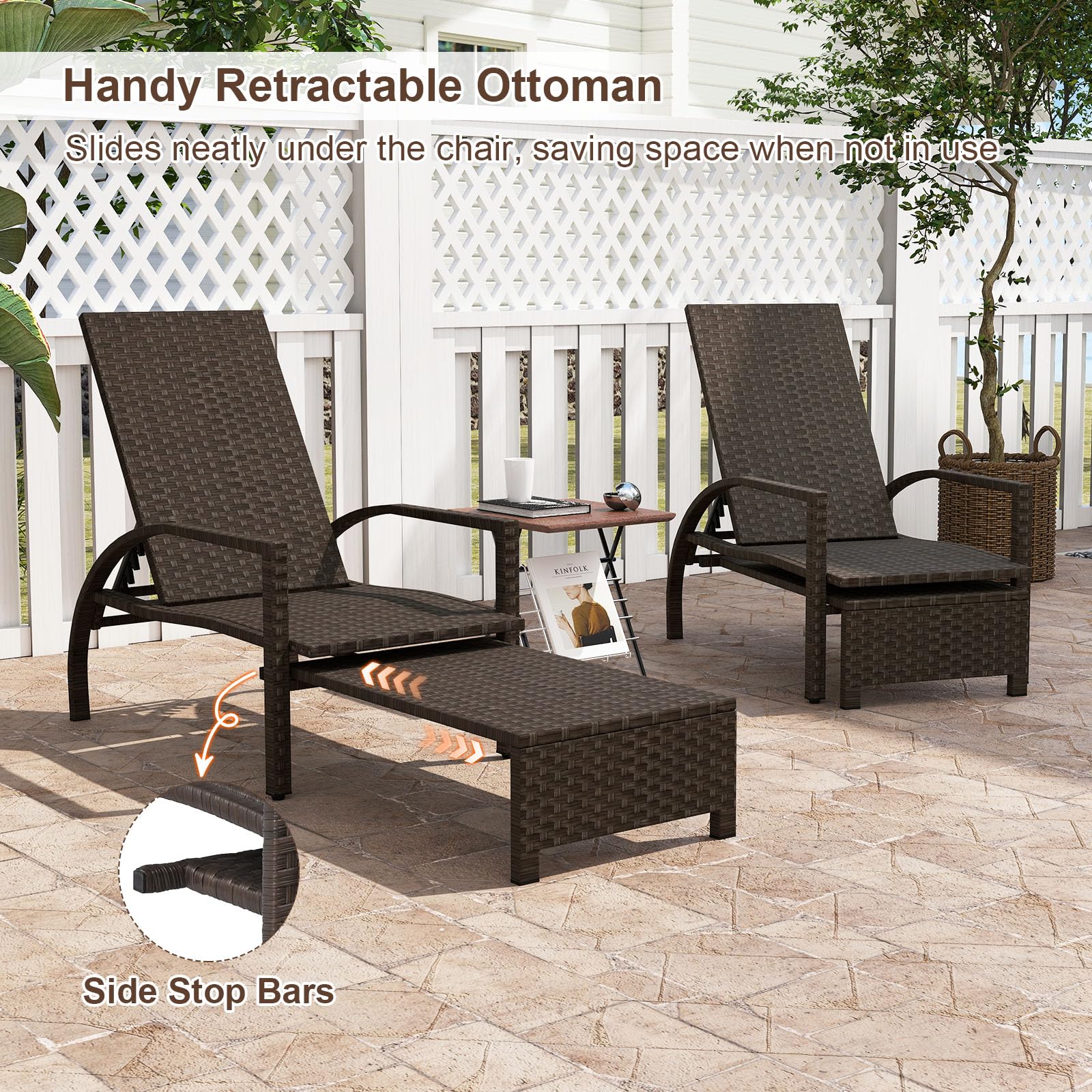 LIFEZEAL Sonnenliege wetterfest, Gartenliege mit 6-Fach Verstellbarer Hochlehne, Liegestuhl Rattan mit ausziehbarer Fußstütze & Armlehnen, Rattanliege bis 180 kg belastbar, Braun