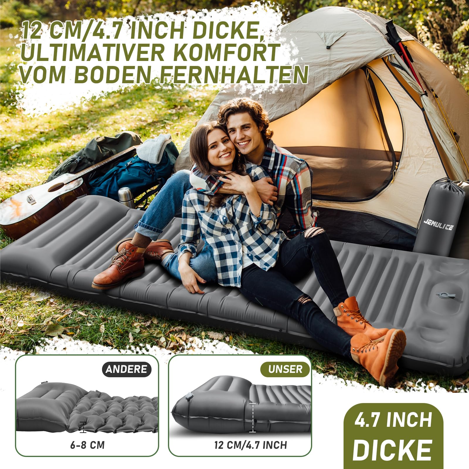 Isomatte Camping, 12CM Ultradicke Camping Luftmatratze mit Fußpumpe, Aufblasbare Matratze Kleines Packmaß, Ultraleichte Wasserdicht Outdoor Campingmatte Schlafmatte für Wandern, Zelt