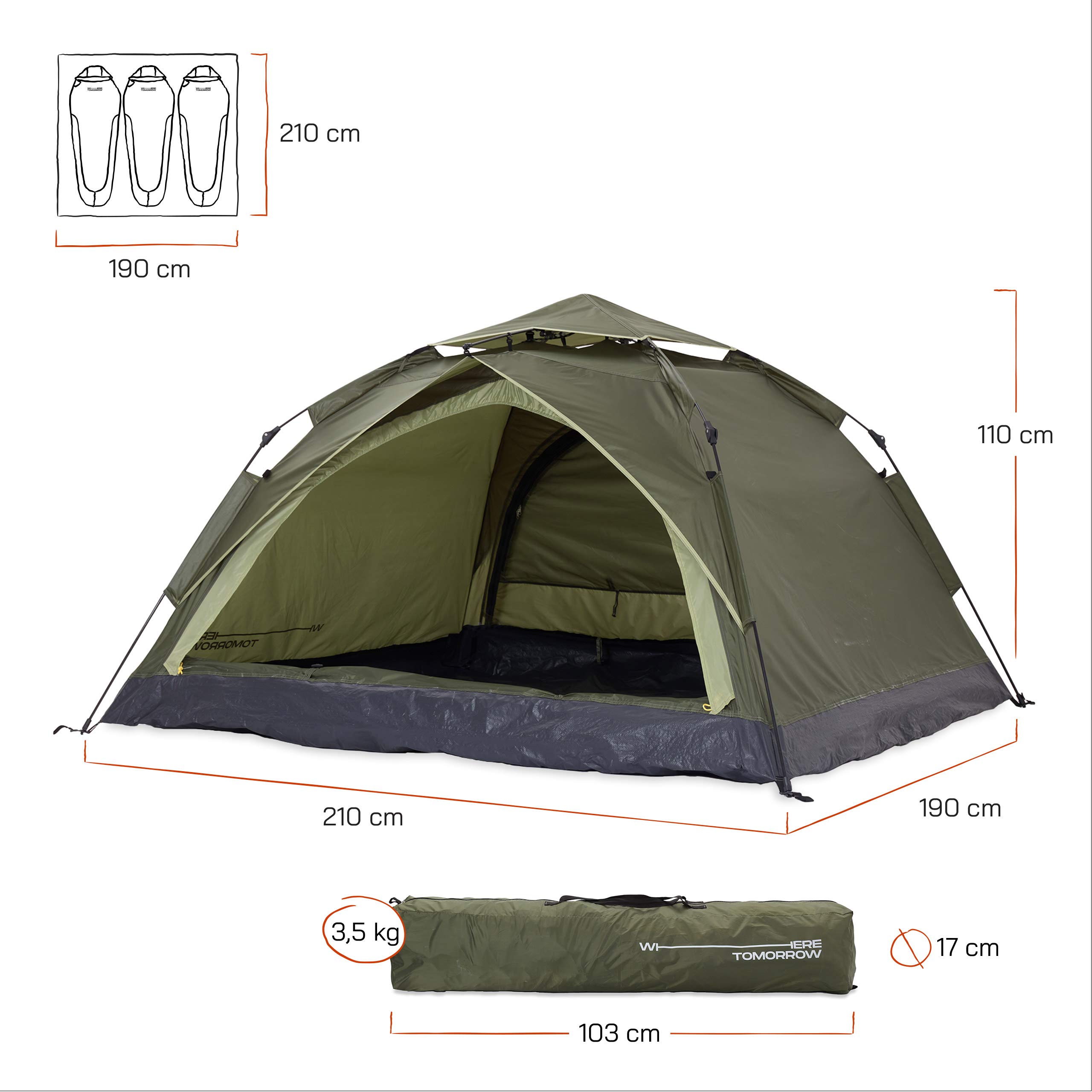 Lumaland Tenda da Campeggio | Tenda Pop Up Leggera | Tenda a Cupola per 2-3 Persone | Tenda Igloo per Trekking e Festival | Impermeabile 210x190x110cm | con 1 e 2 ingressi