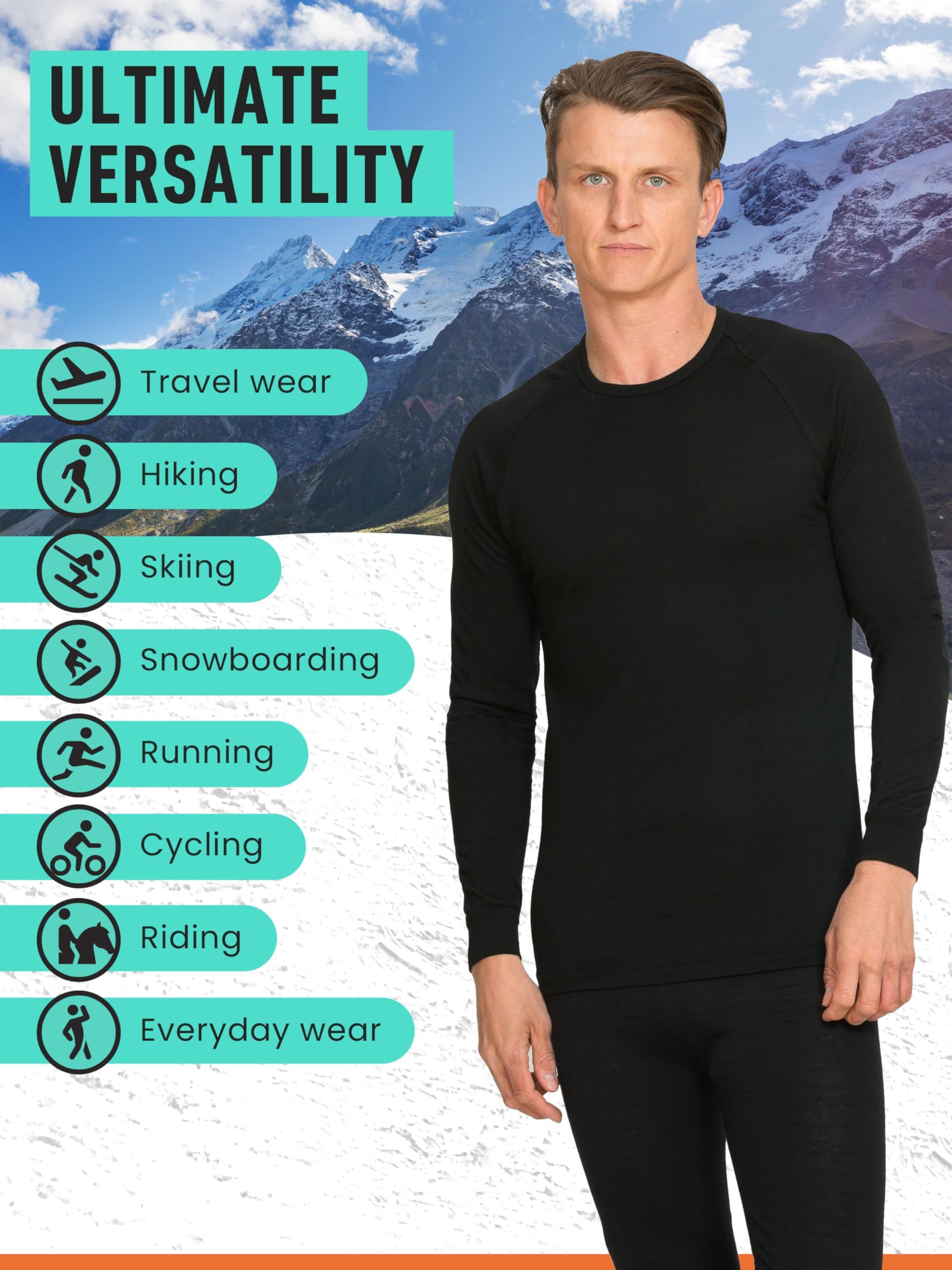 Brass Monkeys - 100 % pure laine mérinos - Fabriqué en Nouvelle-Zélande - Haut thermique à manches longues pour homme - Parfait pour les sports de plein air - Noir - Grande taille