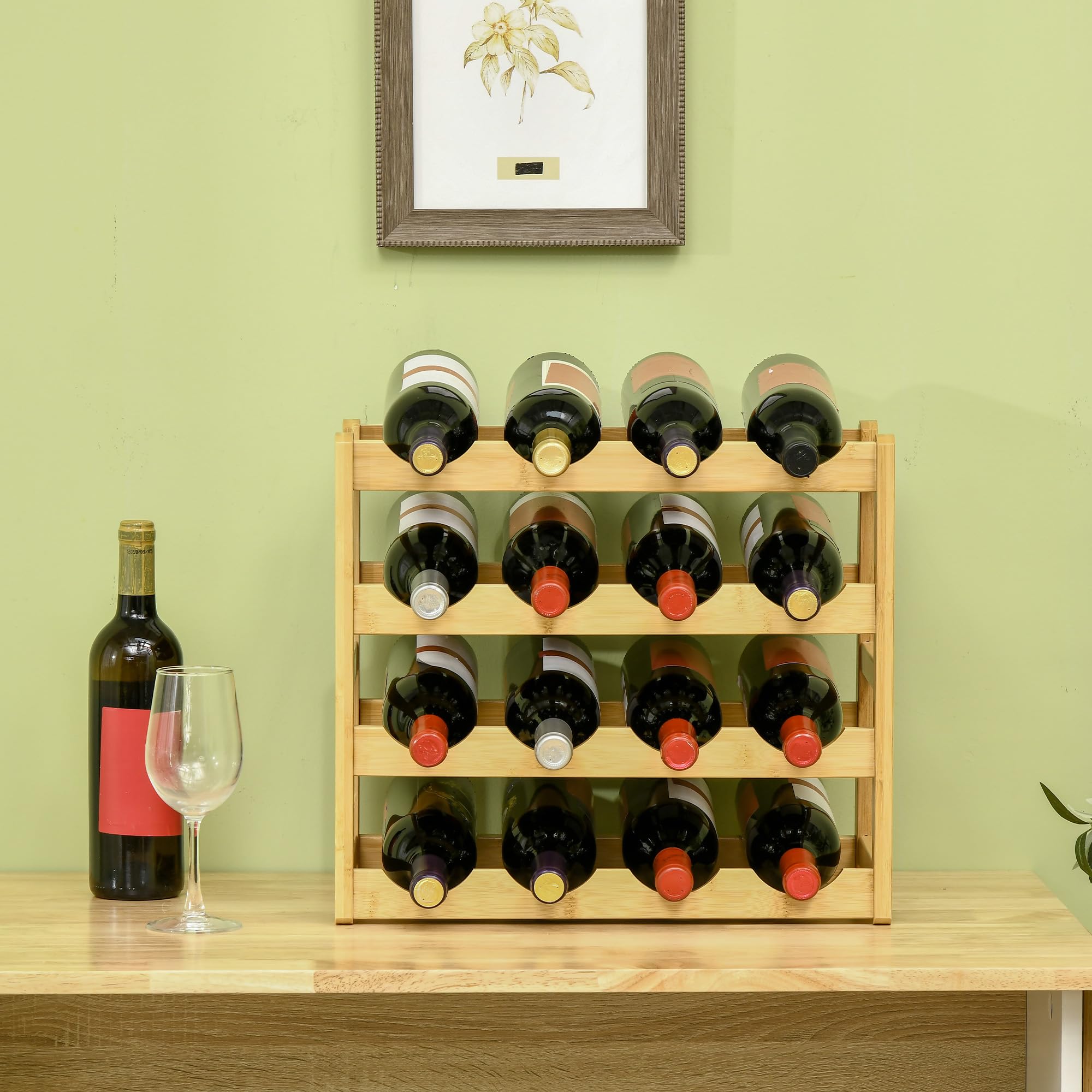 HOMCOM Étagère à Bouteilles de vin pour 16 Bouteilles Porte Bouteilles Casier à vin en Bambou - 43 x 23,5 x 38 cm Bois Naturel