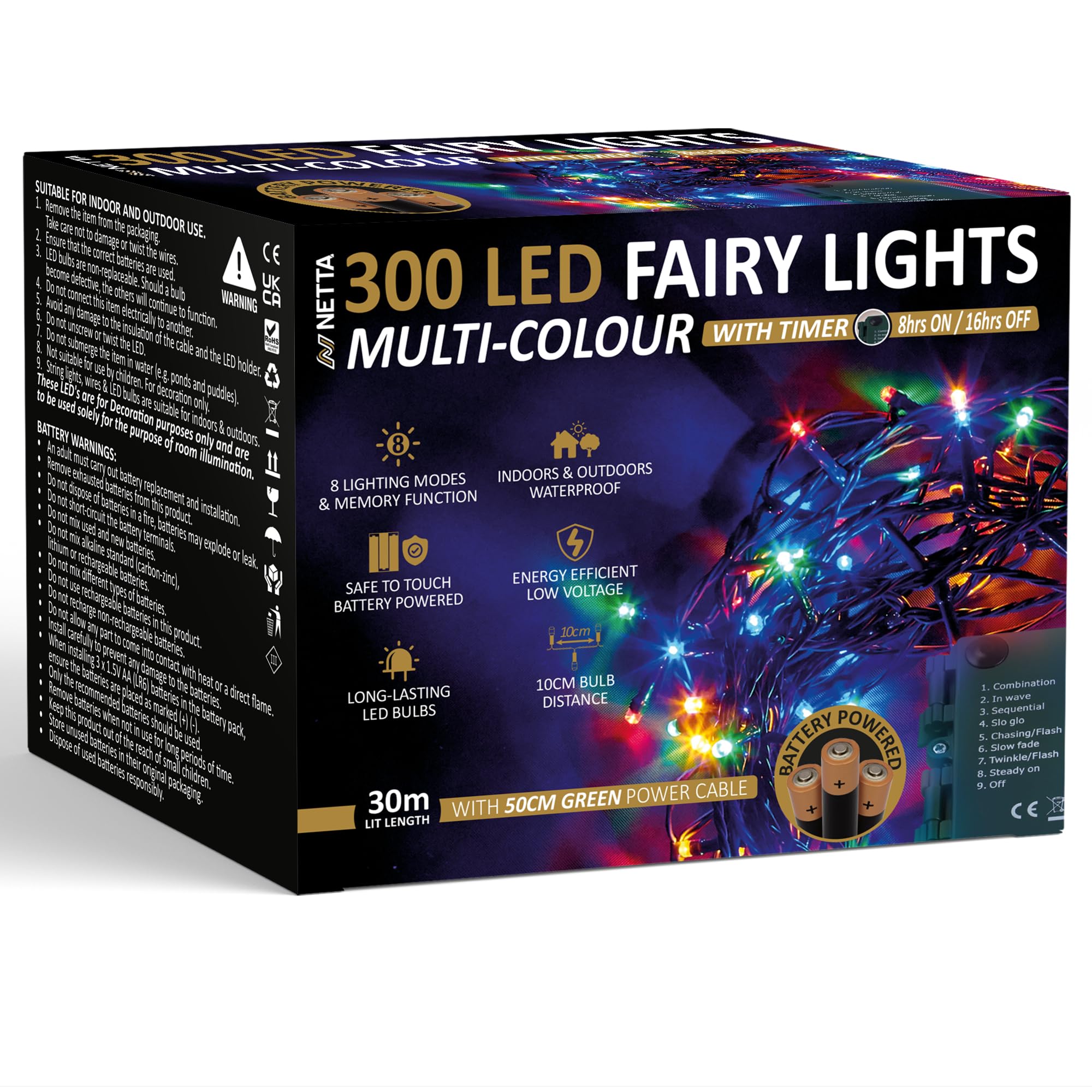 Netta Multi-Colour Battery Operated 300 Led 30M Christmas Tree Fairy Lights With Timer - 8 Different Mode String Lights For Outdoor & Indoor Use - Multi Coloured
