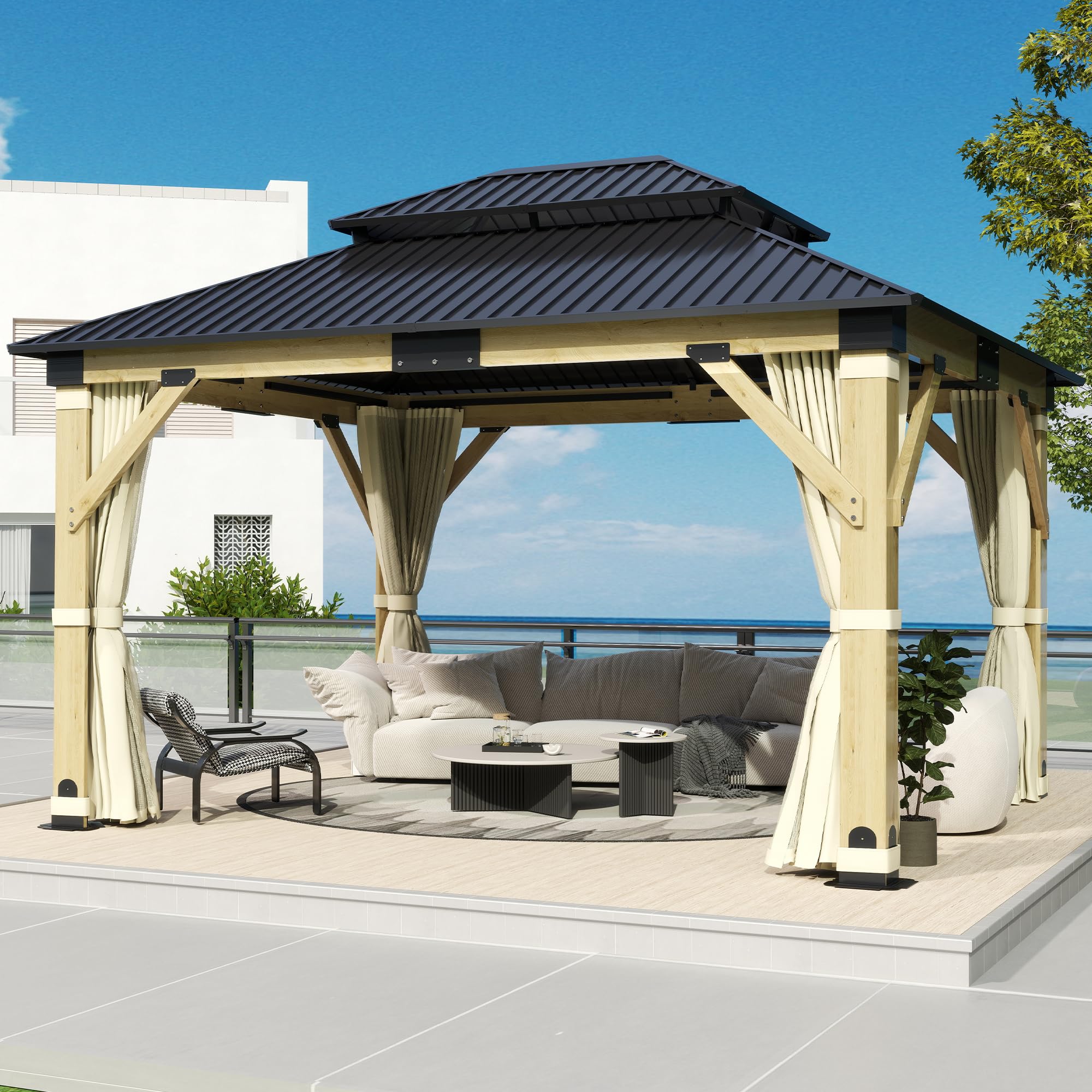 COVERONICS 11FT x 13FT Outdoor Cedar Wooden Gazebo - Patio Wood Frame Gazebo with Galvanized Steel Hardtop, Heavy-Duty Hardtop Gazebos with Netting & Curtains for Garden, Poolside, Deck, Backyard