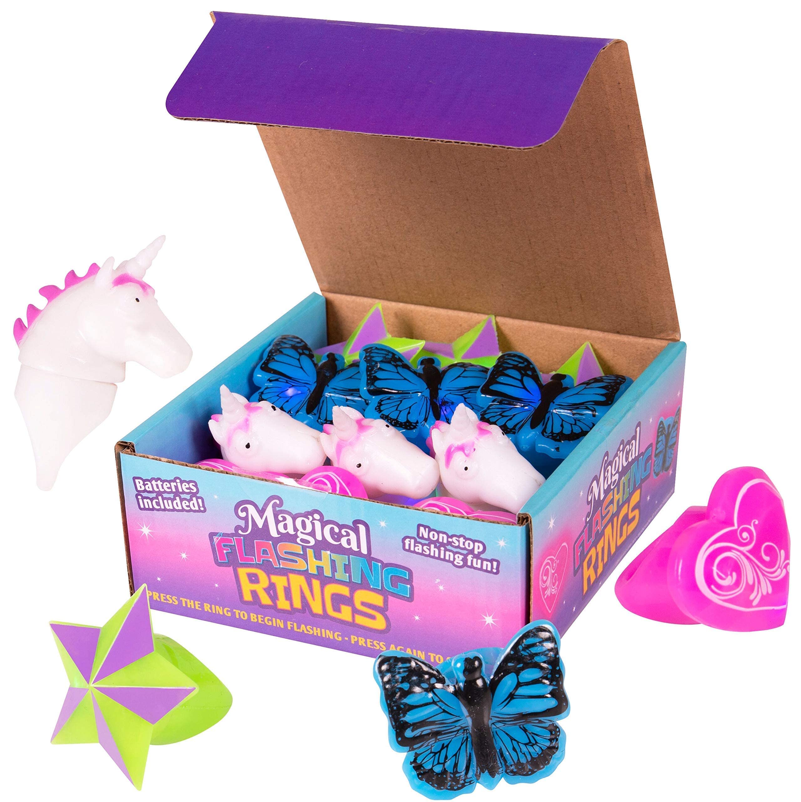 Narwhal Novelties Unicorn Mystical Glow In The Dark Rings Treasure Box Toys for Classroom Prizes, Bumpy Rings Birthday Party Favor for Kids, Led Light Up Rings Bulk Neon Party Supplies (Pack of 12)