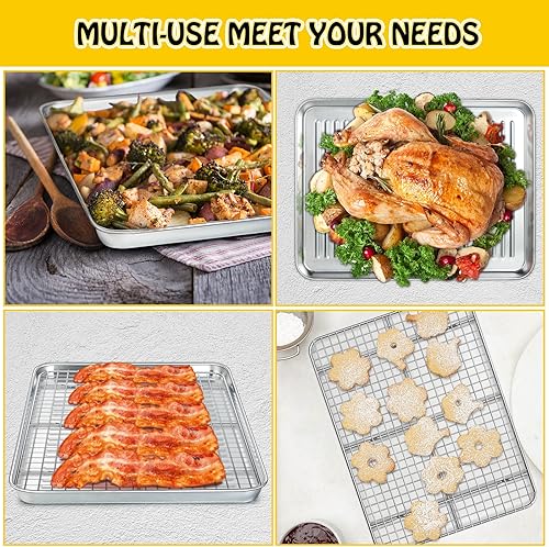Miniatura 7 de Juego de bandeja para hornear con estante de enfriamiento (2 bandejas para hornear + 2 estantes de alambre), hoja de galletas de acero inoxidable 14