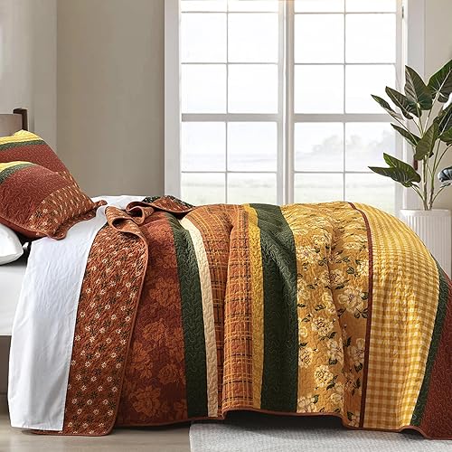 Miniatura 8 de SahSahCasa Juego de edredón de 100 % algodón tamaño King, vintage, elegante, floral, reversible, bohemio, acolchado, ligero, bohemio, para cama