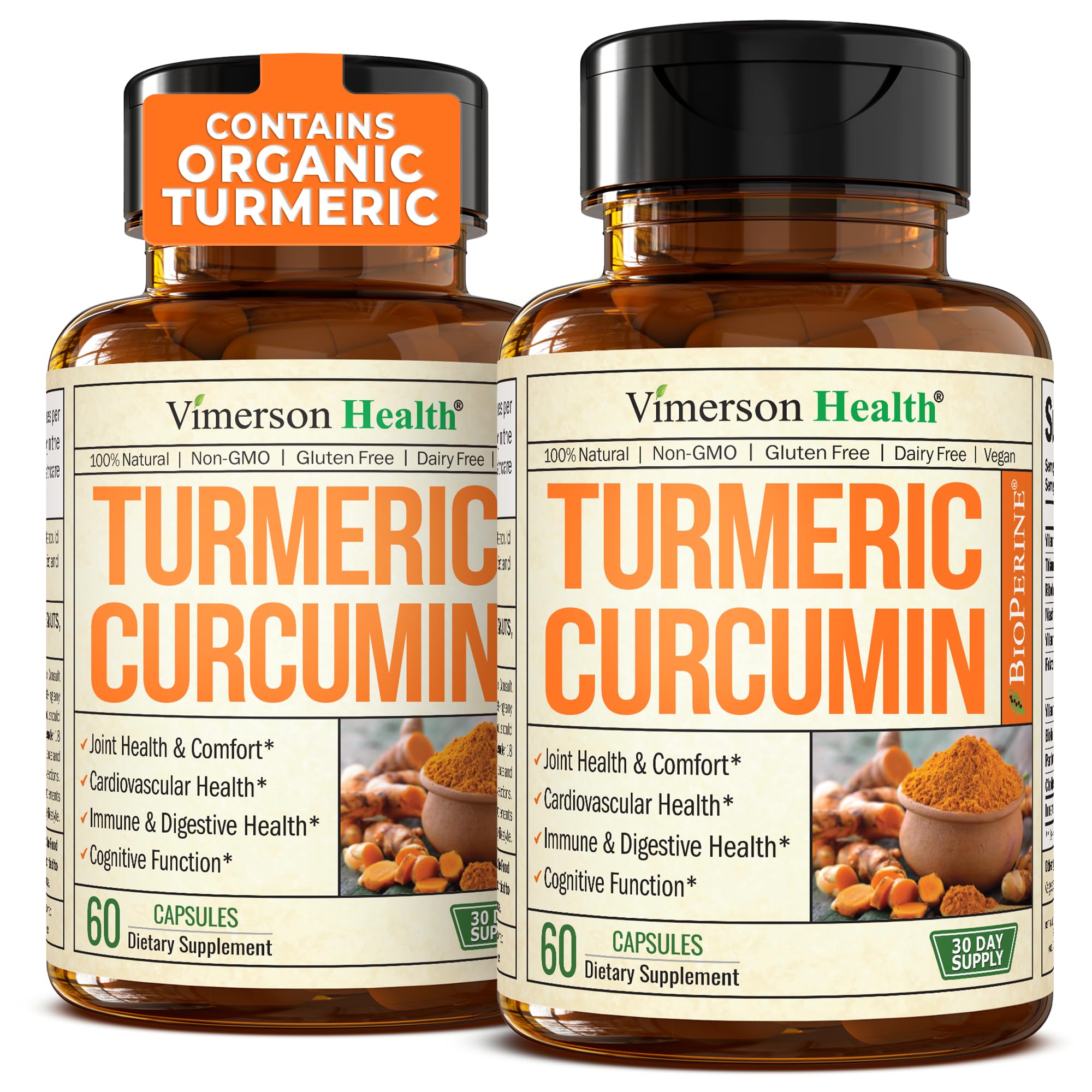 Turmeric Supplement - High Potency Turmeric Curcumin Supplement with 1200 mg Organic Tumeric and 95% Curcuminoids. Curcumin Supplements with Black Pepper for Immune & Joint Health. 60 Capsules 2 Pack