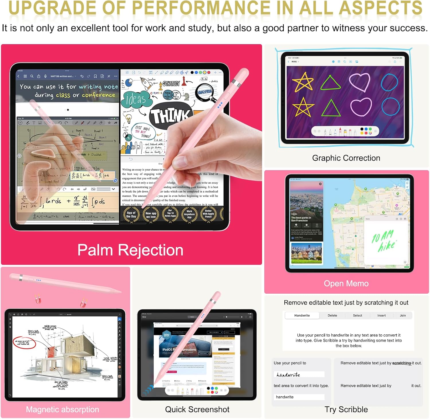 Pencil 1st Generation for iPad 2025-2018: Pencil USB C Fast Charging Magnetic with Tilt Sensitivity & Palm Rejection - Stylus Pen for iPad 6-11, Air 3-5/M2/M3, Mini 5-6, Pro 11" 1-4 12" 3-6/M4 (Pink)