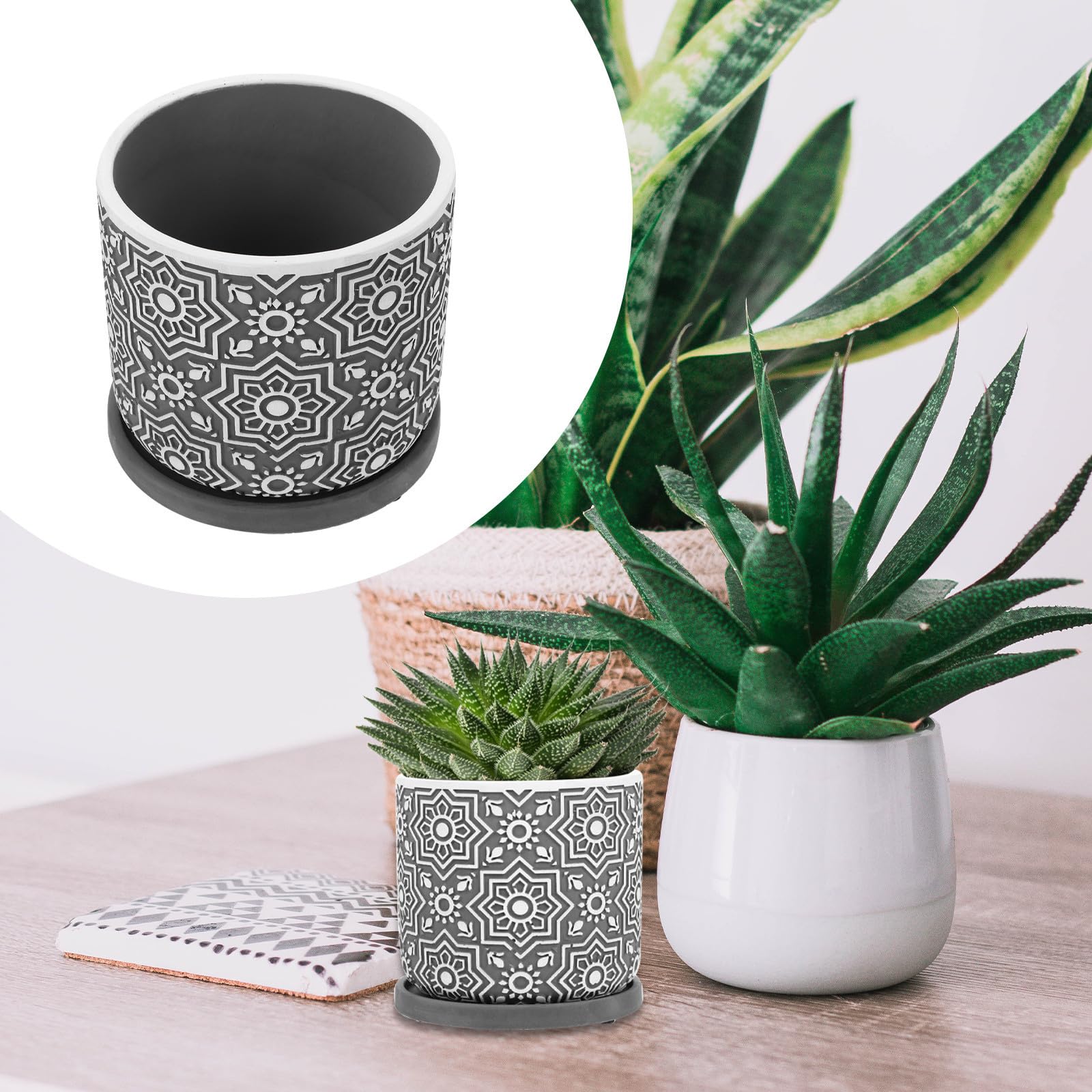 SOIMISS Maceta de Cemento, Maceta para Suculentas con Bandeja, Redonda, para Plantas, Jardinería y Jardín, Fácil de Mantener y Mover