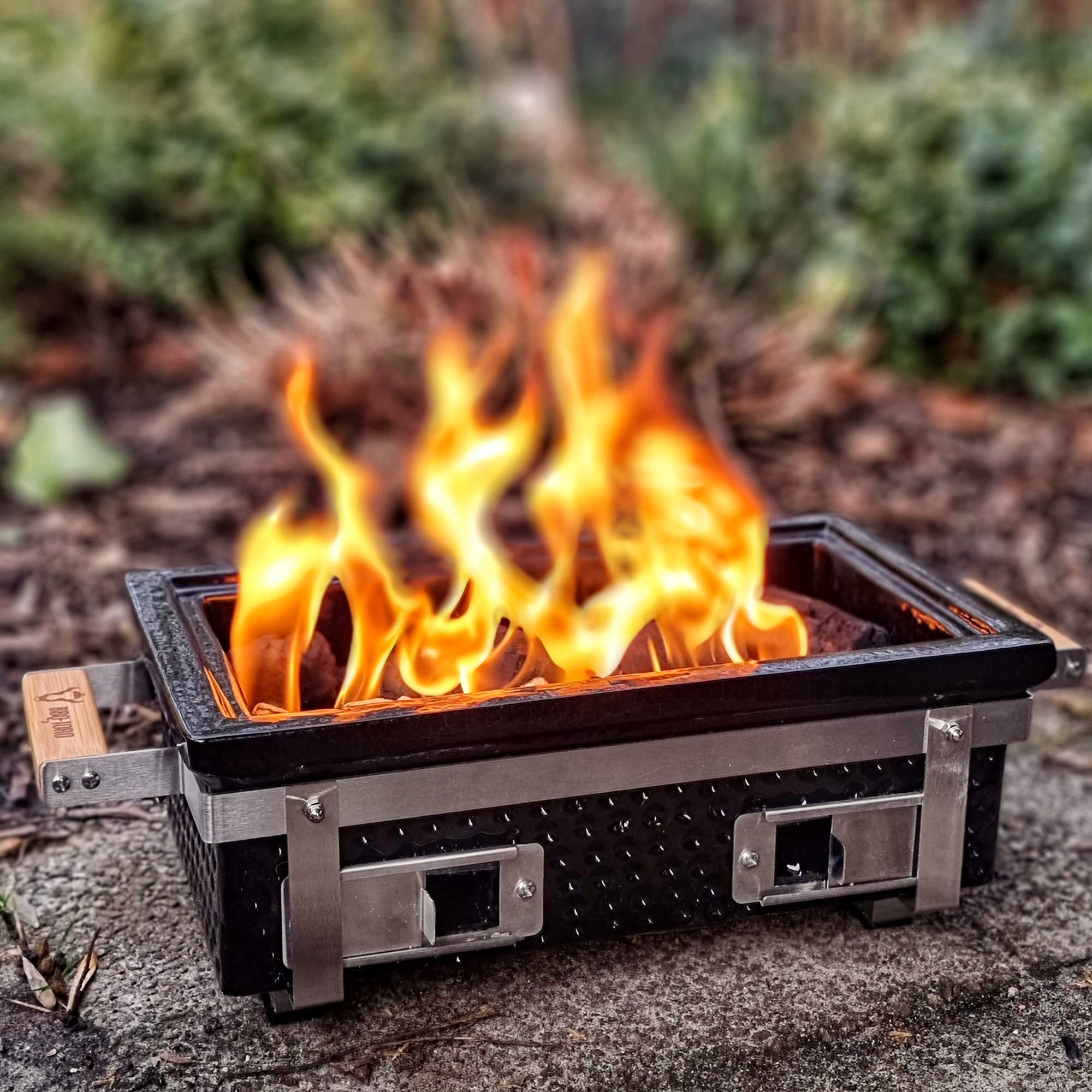 BBQ-Toro Barbecue de table en céramique avec support en bois | 50 x 23 x 17 cm | Hibachi | Barbecue de table sans électricité | Gris | Mini barbecue de table au charbon de bois