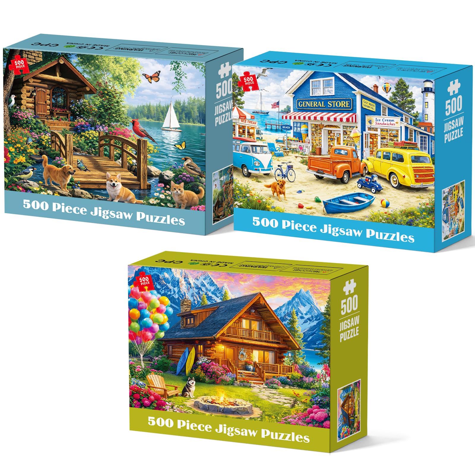 3 Pack 500 Piece Puzzles for Adults, Cozy Cabin Lakeside Jigsaw Puzzles