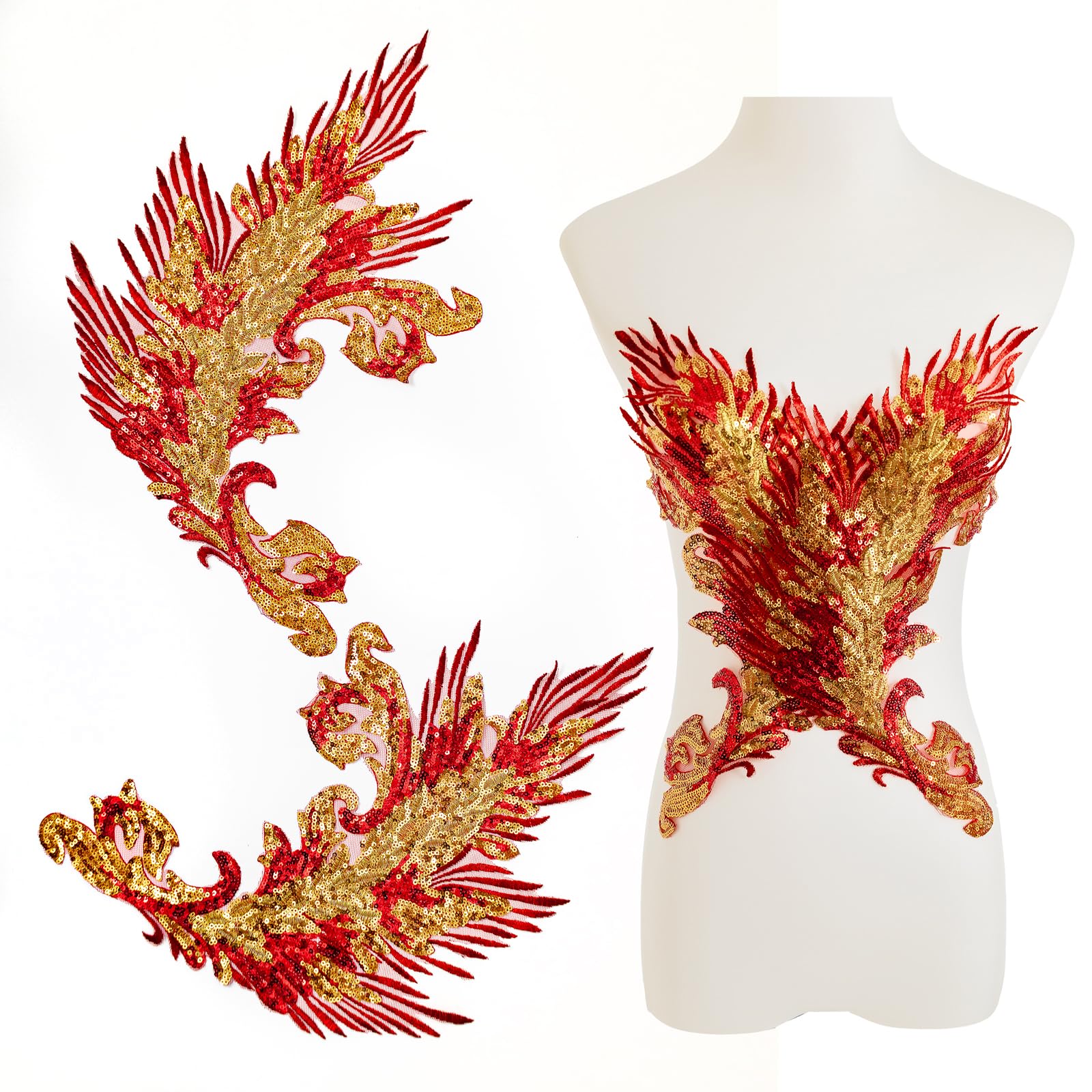 Silvora Pair Embroidery Phoenix Costume Sequin Appliques Patches, Peacock Feather Tail Applique Embellishments for Dance Dresses,Clothes,T-Shirt，