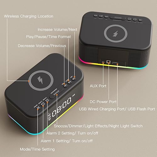 Miniatura 8 de Reloj despertador con altavoz, cargador inalámbrico, despertador digital, para dormitorios, Bluetooth, reloj despertador, luz regulable, para