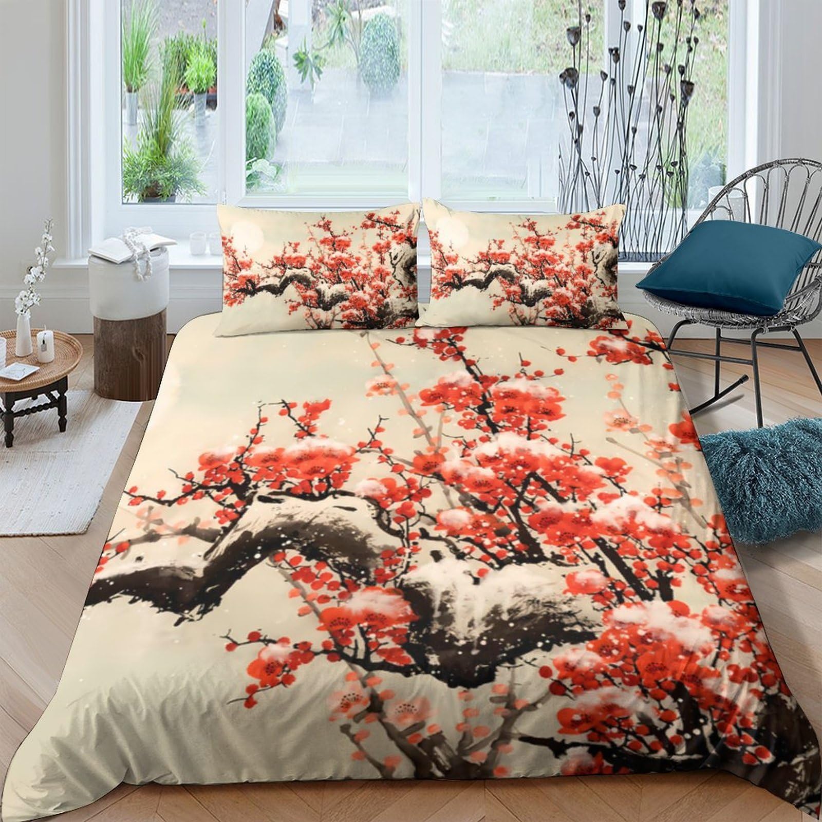 Ctjqhvkz Style-8 3D Printed Red Blossom Tree Fitted Sheet Microfiber Soft Bedroom Decor Artistic Mattress Cover For Home Dorm Single（135X200cm）