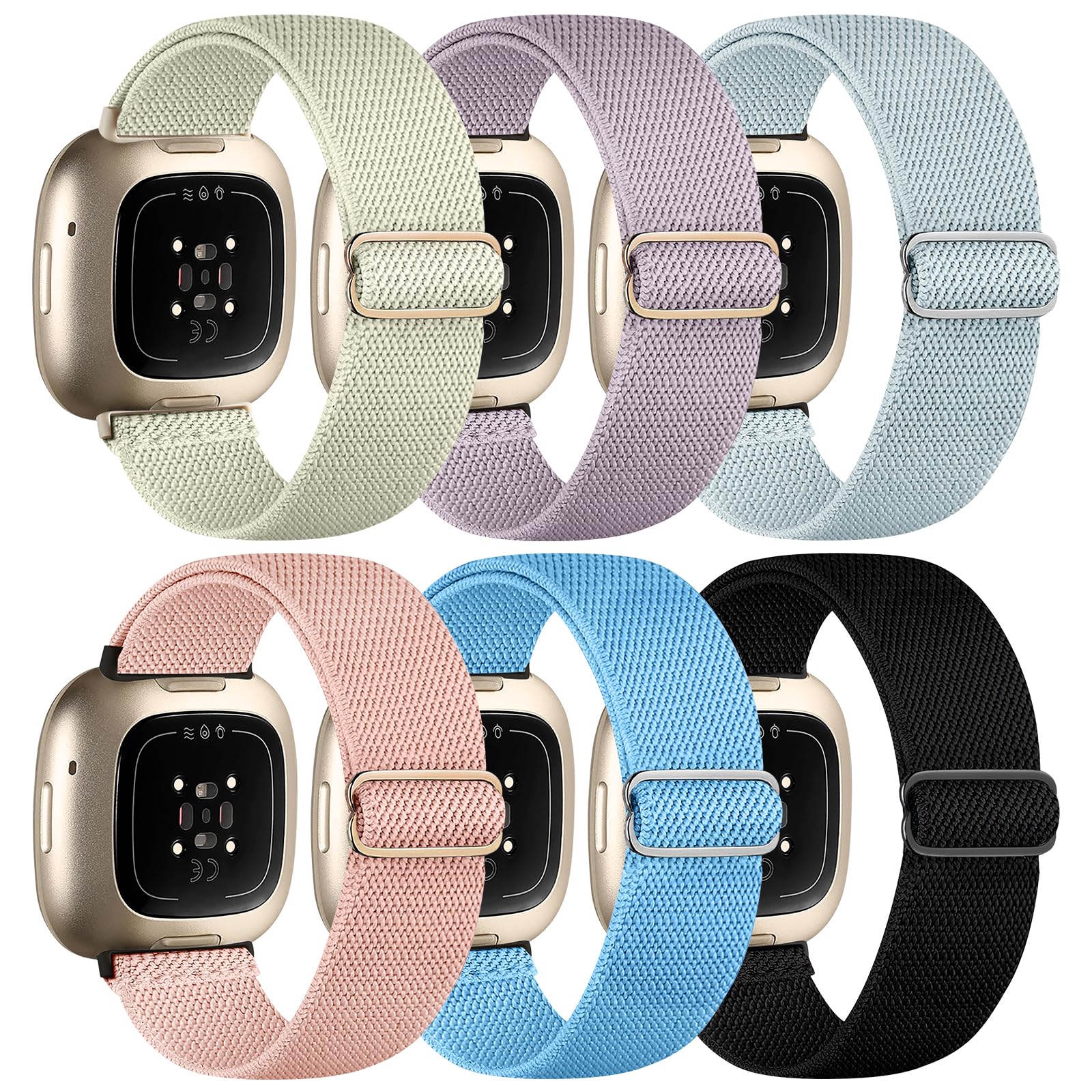 Chinbersky 6 Pack Armband Kompatibel mit Fitbit Versa 3 Armband/Fitbit Versa 4 Armband/Fitbit Sense Armband Damen Herren, Verstellbares Dehnen Nylon Sport band für Fitbit Versa 4/Versa 3/Sense 2/Sense