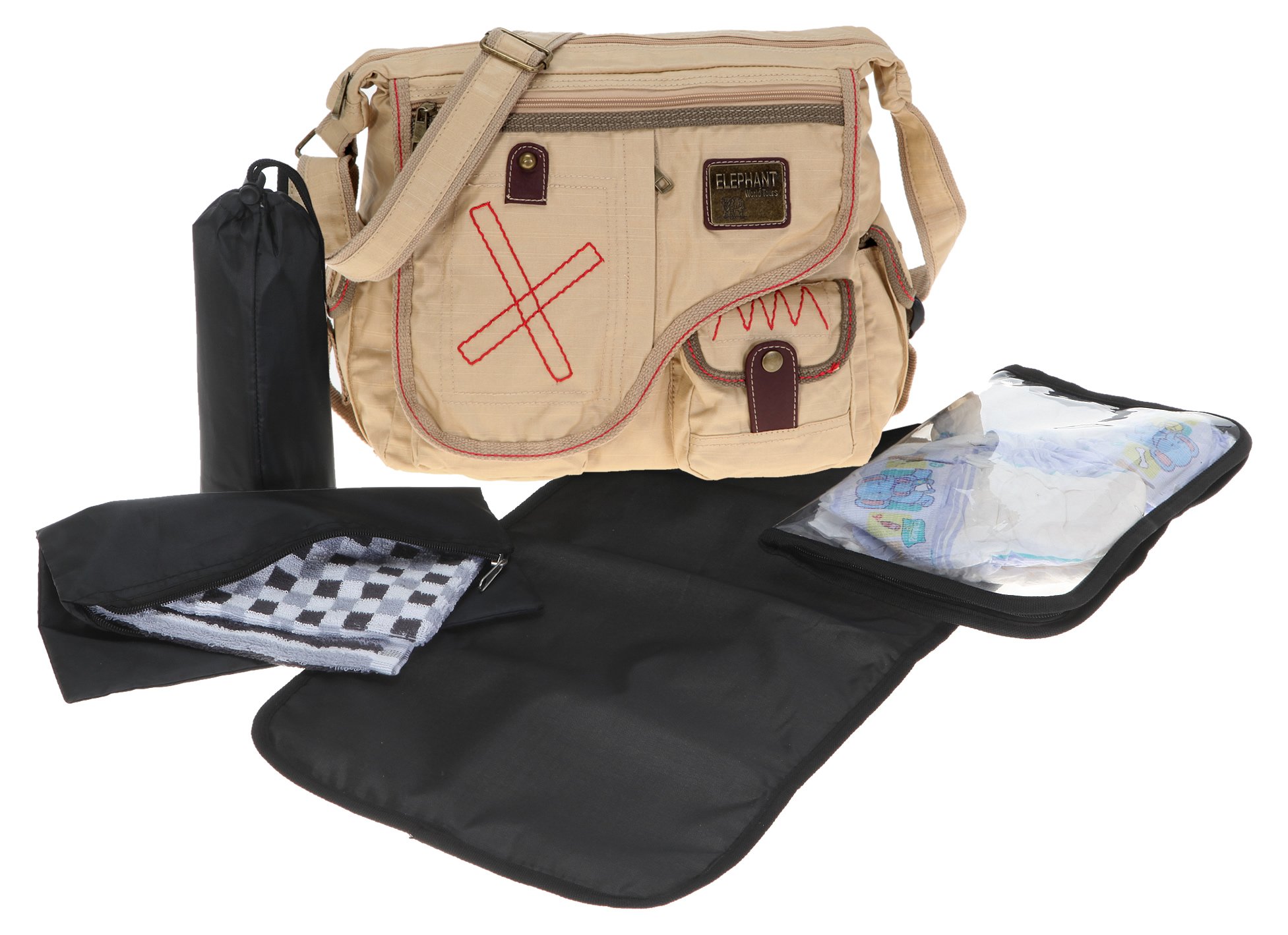 6 Teile Set: Wickeltasche ELEPHANT COATED Schultertasche + Wickelmatte + WIndelsafe + Kinderwagenfix (Sand)