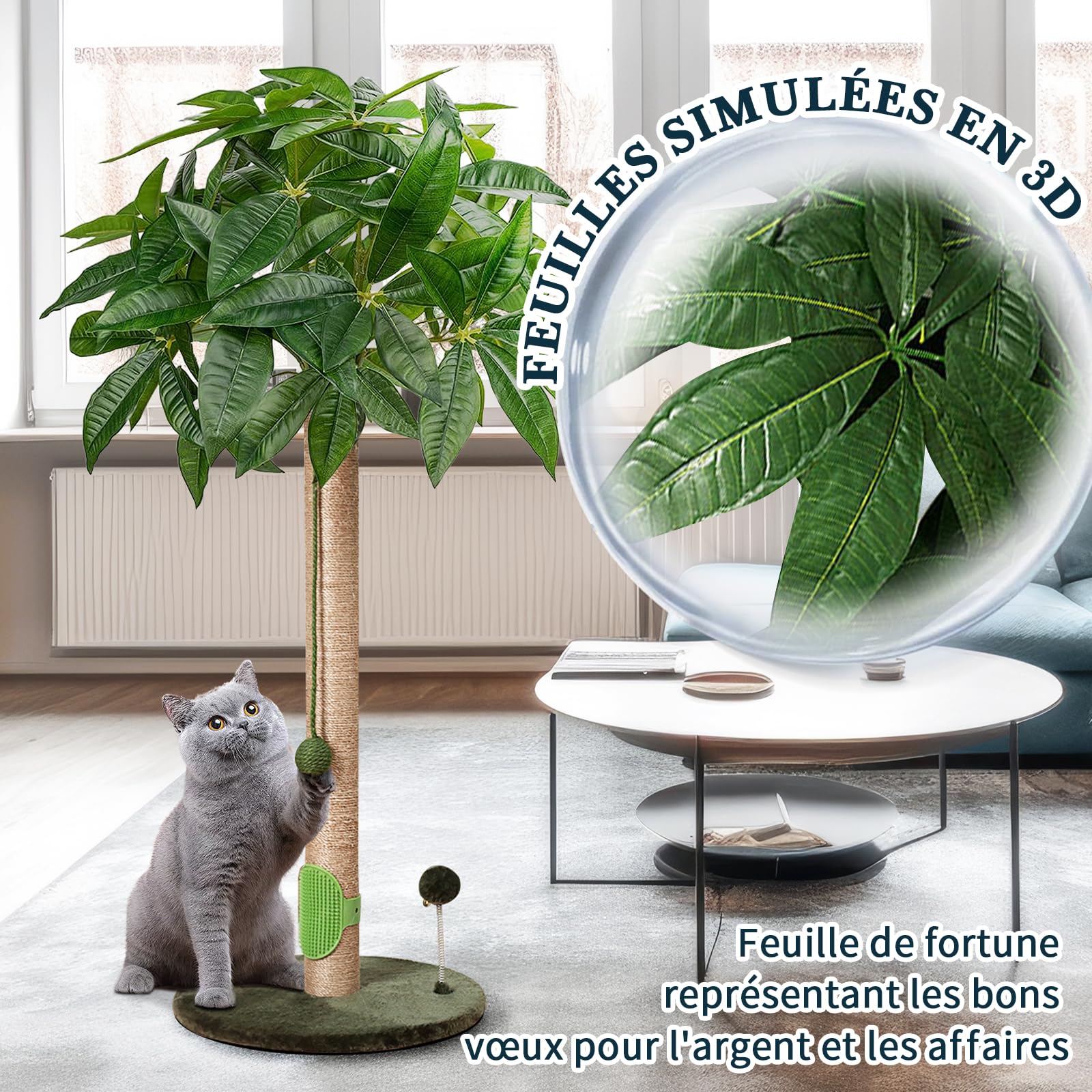 Meowoou 84 cm Griffoir pour Chat, Grattoir Chat d'intérieur Adultes et Chatons, Grand Griffe avec Corde en Sisal, Arbre Mignon avec Balle Suspendue