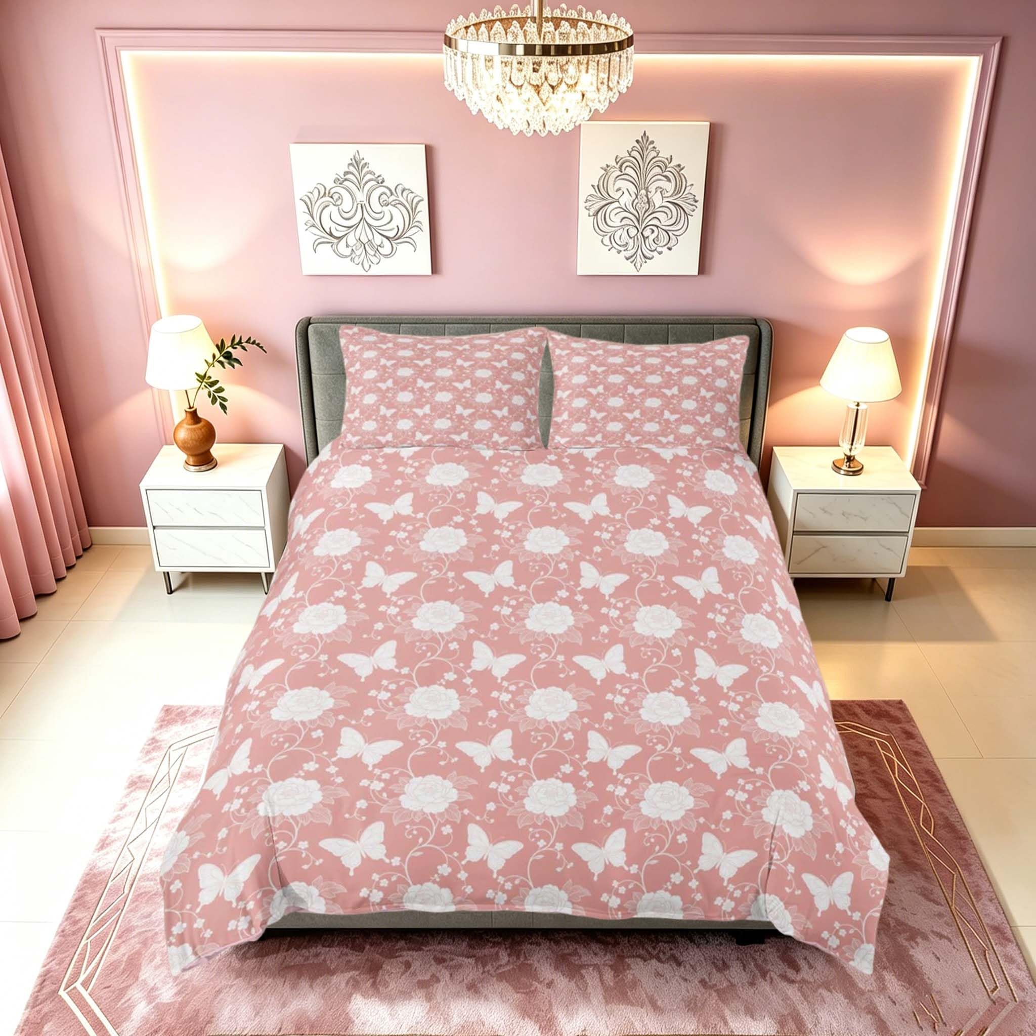 Loussiesd Floral Damask Duvet Cover Set Double Size for Kids Boys Girls Royal Damask Bedding Set Butterfly Meadow Duvet Cover with 1 Pillowcase Vintage Bohemia Floral Bedding