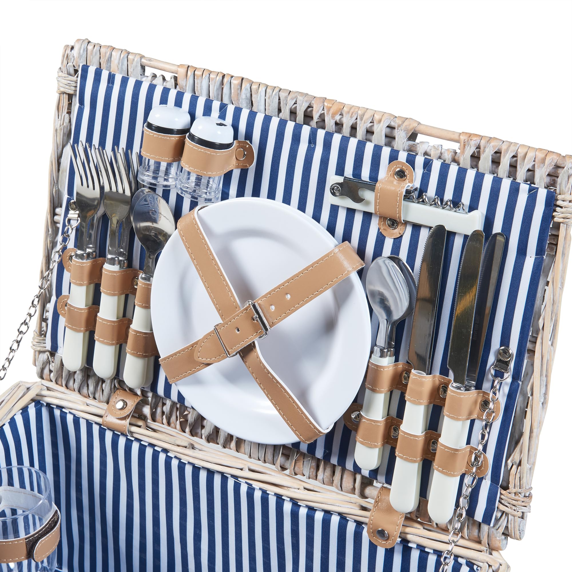casa.pro Juego de Cesta de Pícnic para 4 Personas con Platos Cubiertos Espacio Amplio para Comida Refrescos Forro a Rayas Correas de Polipiel Mimbre 42 x 28 x 20 cm - Blanco/Azul