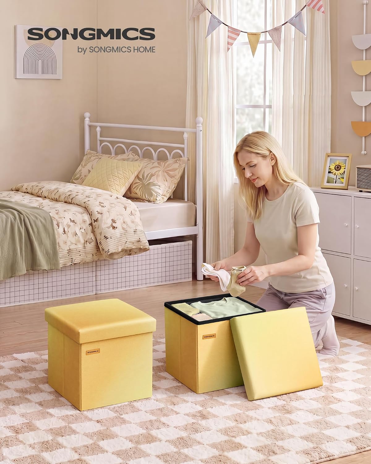 SONGMICS Folding Storage Ottoman Bench, Linen Fabric, Storage Chest, Foot Rest Stool, Holds up to 286.6 lb, 11.8 x 11.8 x 11.8 in, Bedroom Bench, Orange-Gold Ombre, Minota Collection ULSF028X301