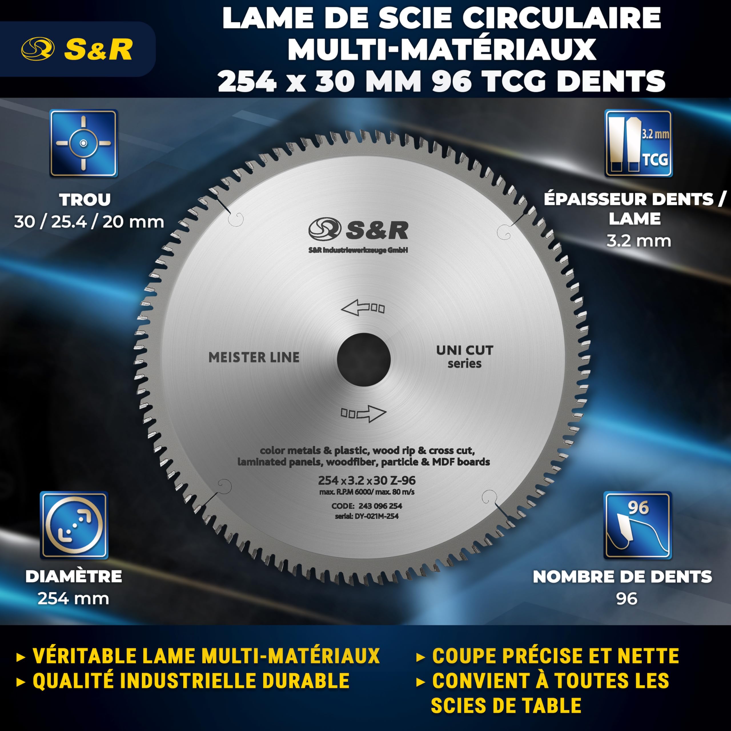 S&R Lame de scie circulaire 254 x 30 mm 96 dents TCT Coupe Bois Multimatériaux