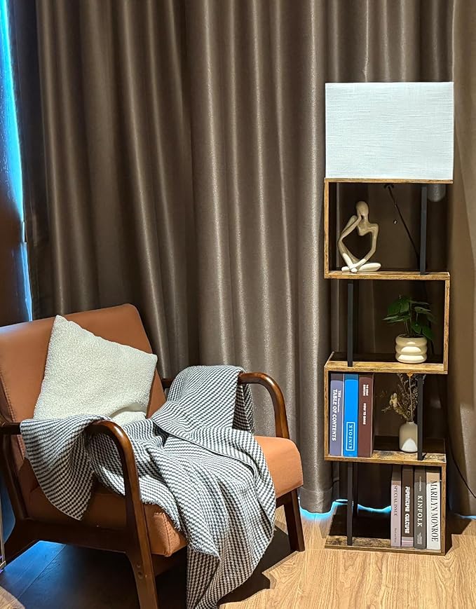 OUTONLIFE 5-Tier Floor Lamp with Shelves & Remote, Dimmable S-Shaped Bookshelf with 3 Color Temperature, 1-Hour Timer, Tall Corner Standing Lamp for Living Room, Bedroom, Office (Rustic Brown) photo 2