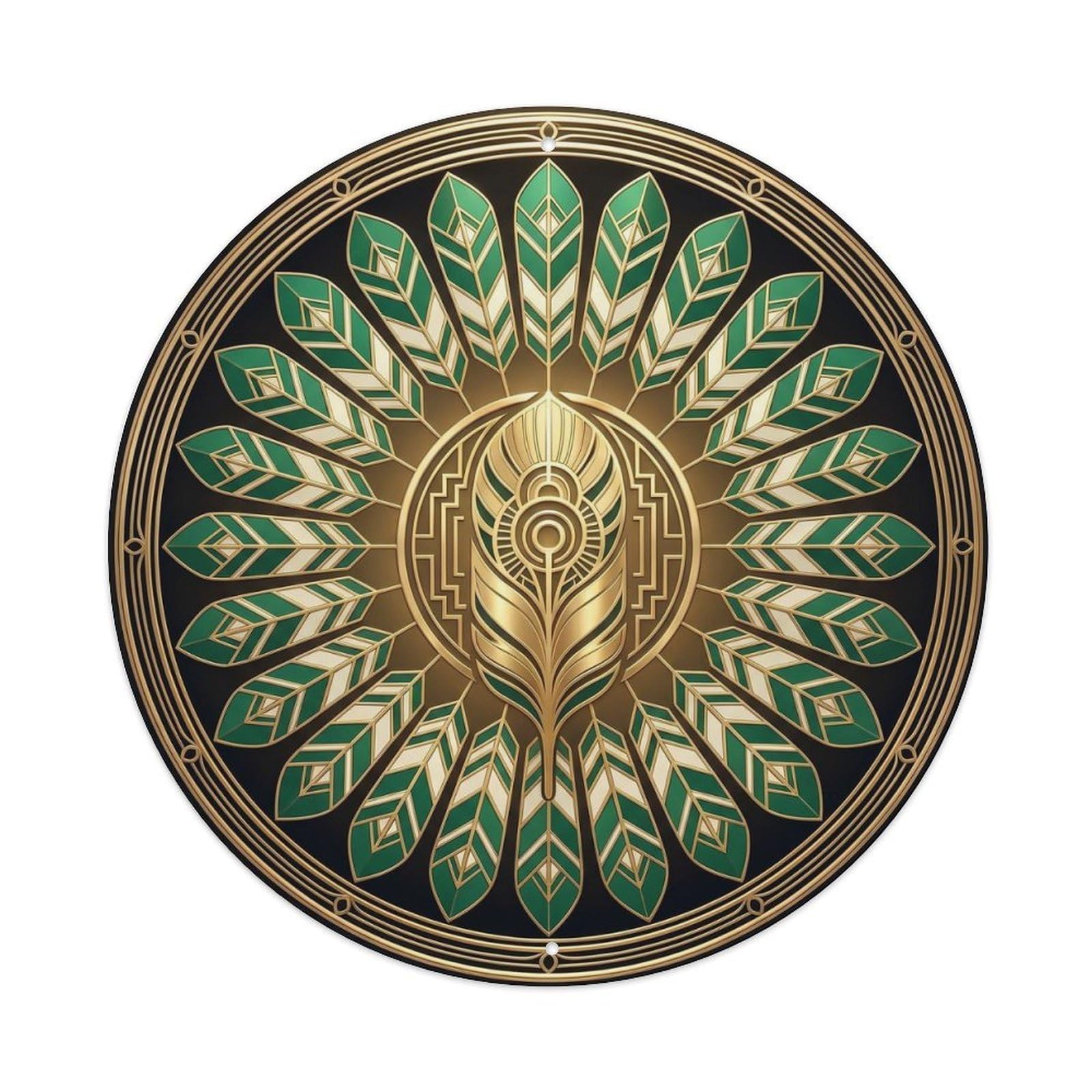 Radial Feathers Deco Style Peacock Pattern Luxury Ornament Metal Tin Sign Plaque Wall Decor for Cafe, Man Cave, Club Bar, Office, Home Garden Round Metal Poster 8x8Inch
