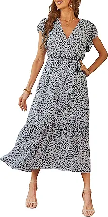PRETTYGARDEN Women's Summer Floral Boho Maxi Dress Wrap Short Sleeve V Neck Ruffle A-Line Flowy Wedding Guest Long Dresses