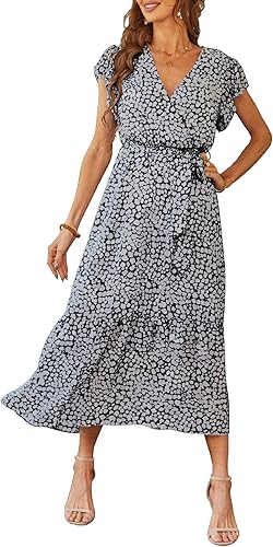PRETTYGARDEN Women's Summer Floral Boho Maxi Dress Wrap Short Sleeve V Neck Ruffle A-Line Flowy Wedding Guest Long Dresses