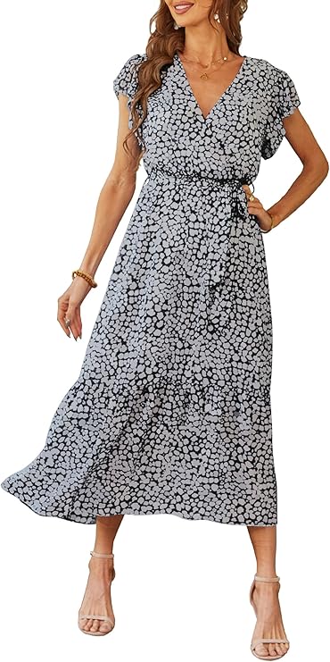 PRETTYGARDEN Women's Summer Floral Boho Maxi Dress Wrap Short Sleeve V Neck Ruffle A-Line Flowy Wedding Guest Long Dresses