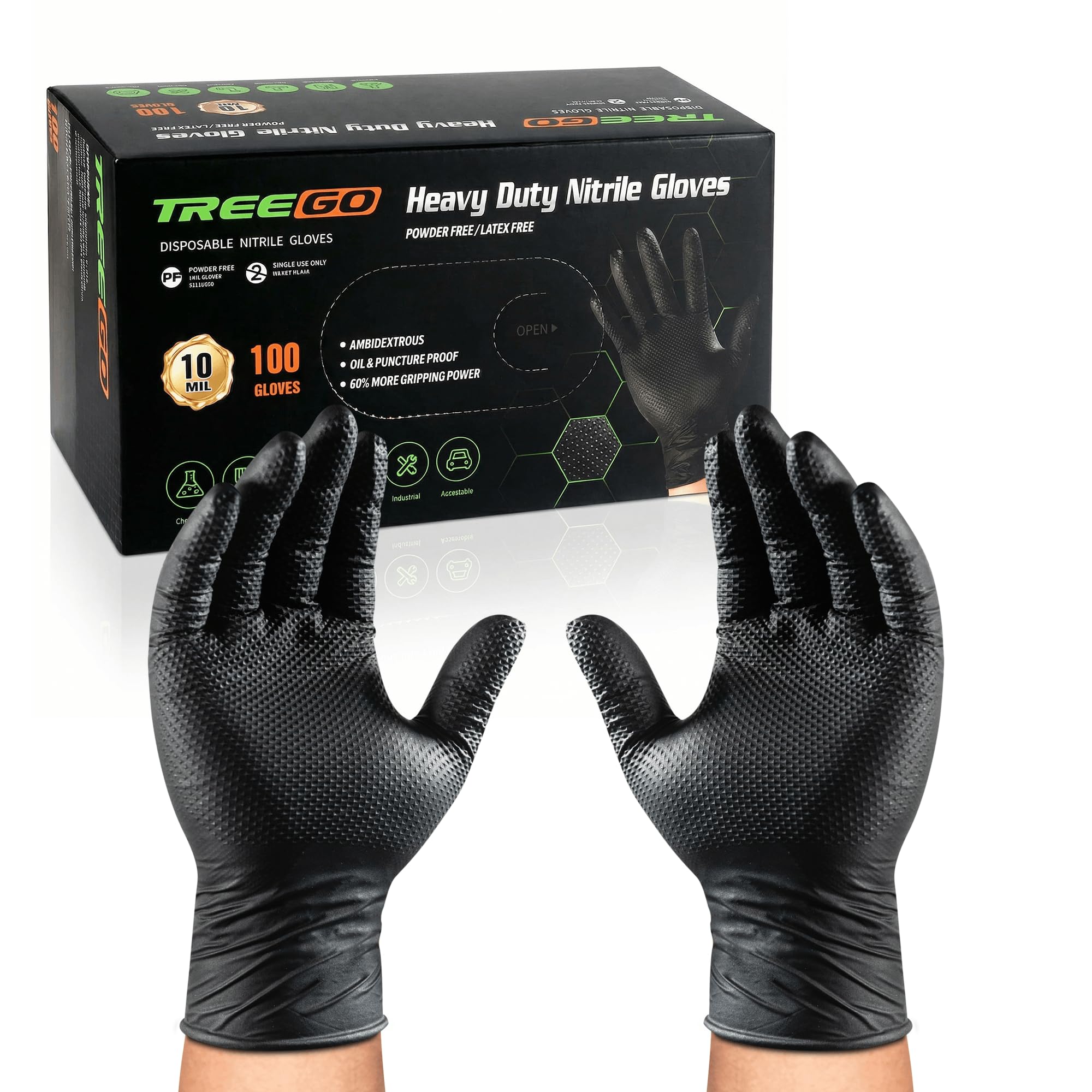 TREEGO 10 Mil Black Nitrile Gloves