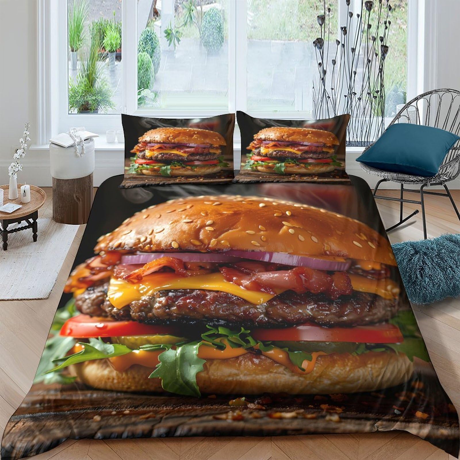 Ctjqhvkz Style-2 3D Printed Burger Fitted Sheet Microfiber Soft Non-Slip Cheese Bacon Bed Cover For Bedroom Dorm Decoration Protection Single（135X200cm）