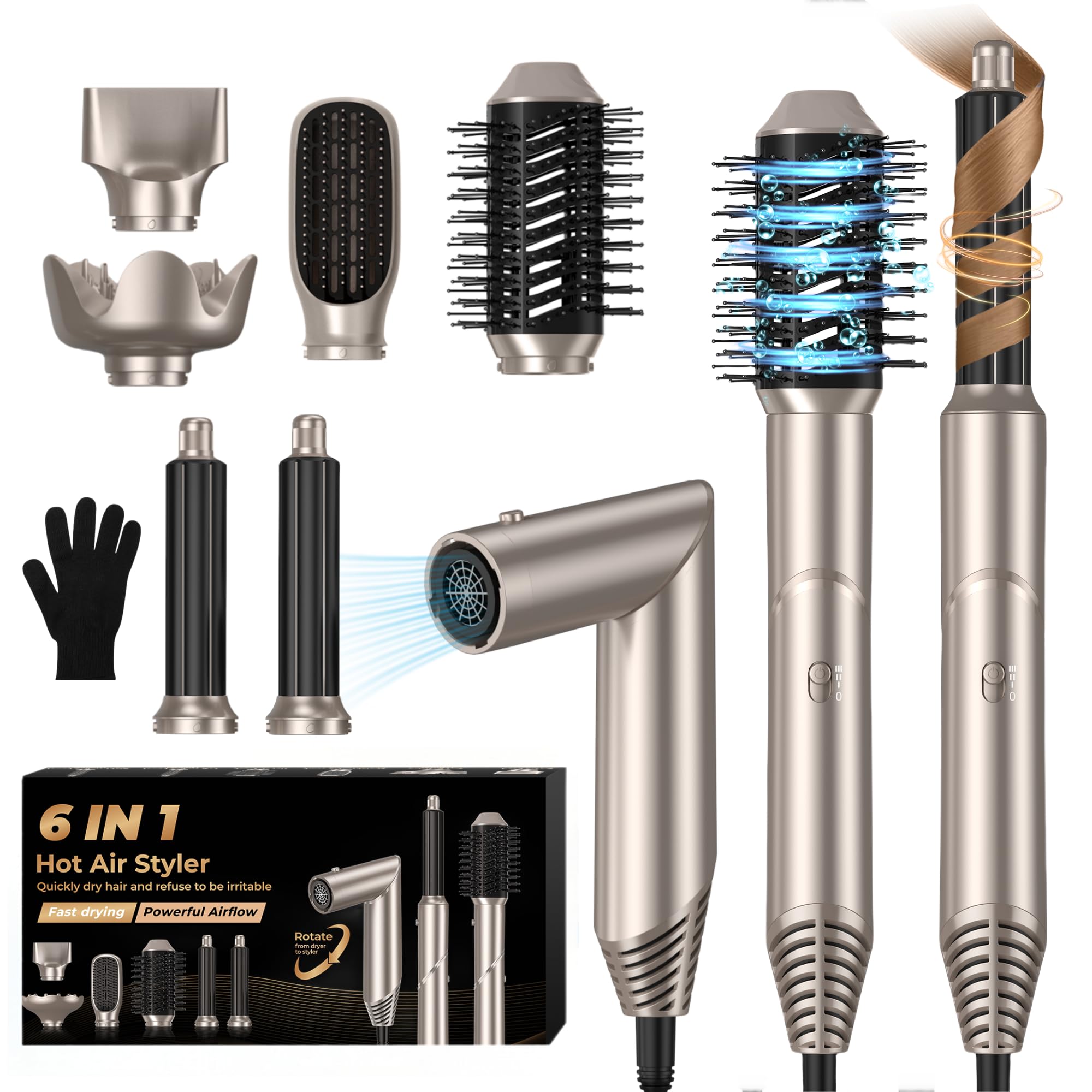 Hairstyler 6 in 1 Airstyler mit Diffusor Luft Lockenstab Air Styler Warmluftbürste Föhn Rundbürstenföhn Haartrockner Haarstyler Multistyler Heißluft Hair Dryer Haar Stylingbürsten, Champagnergold