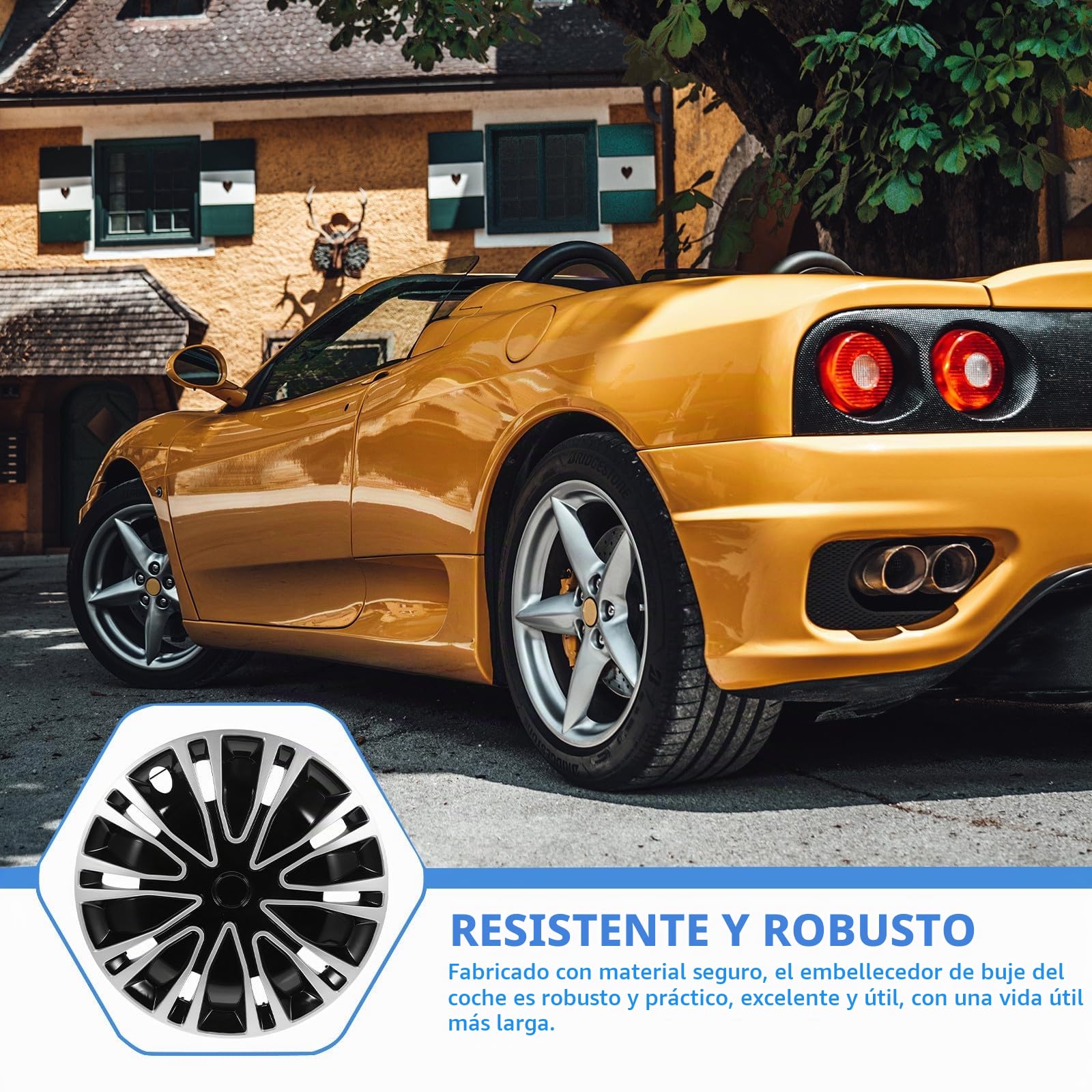Tapacubos para Coche de 15 Pulgadas, Cubierta Decorativa de Cubo de Rueda en Acero Resistente, Diseño Plateado y Negro, Accesorio para Llantas, Protección Antirrayaduras