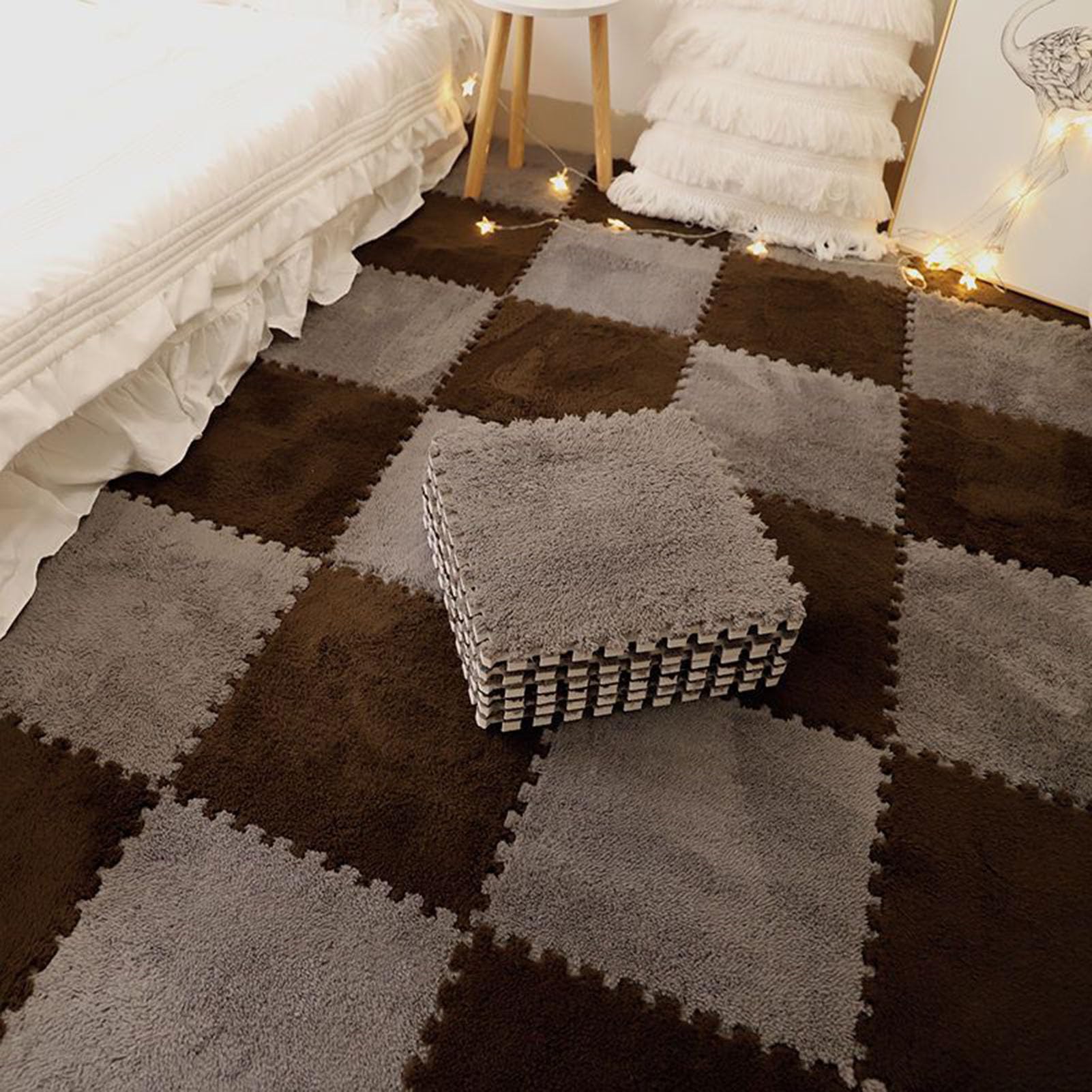 Pluszowe płytki dywanowe z łączonych płytek, maty pianki, dywaniki antypoślizgowe puzzli, kwadratowe podłogowe(Blue+white,16pcs)