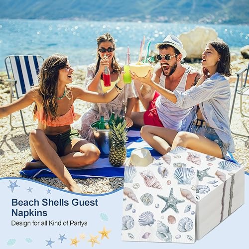 Miniatura 4 de Funrous 200 servilletas de papel de mar de 3 capas, servilletas de conchas marinas, playa costera, coral, náutico, costero, toallas de papel para