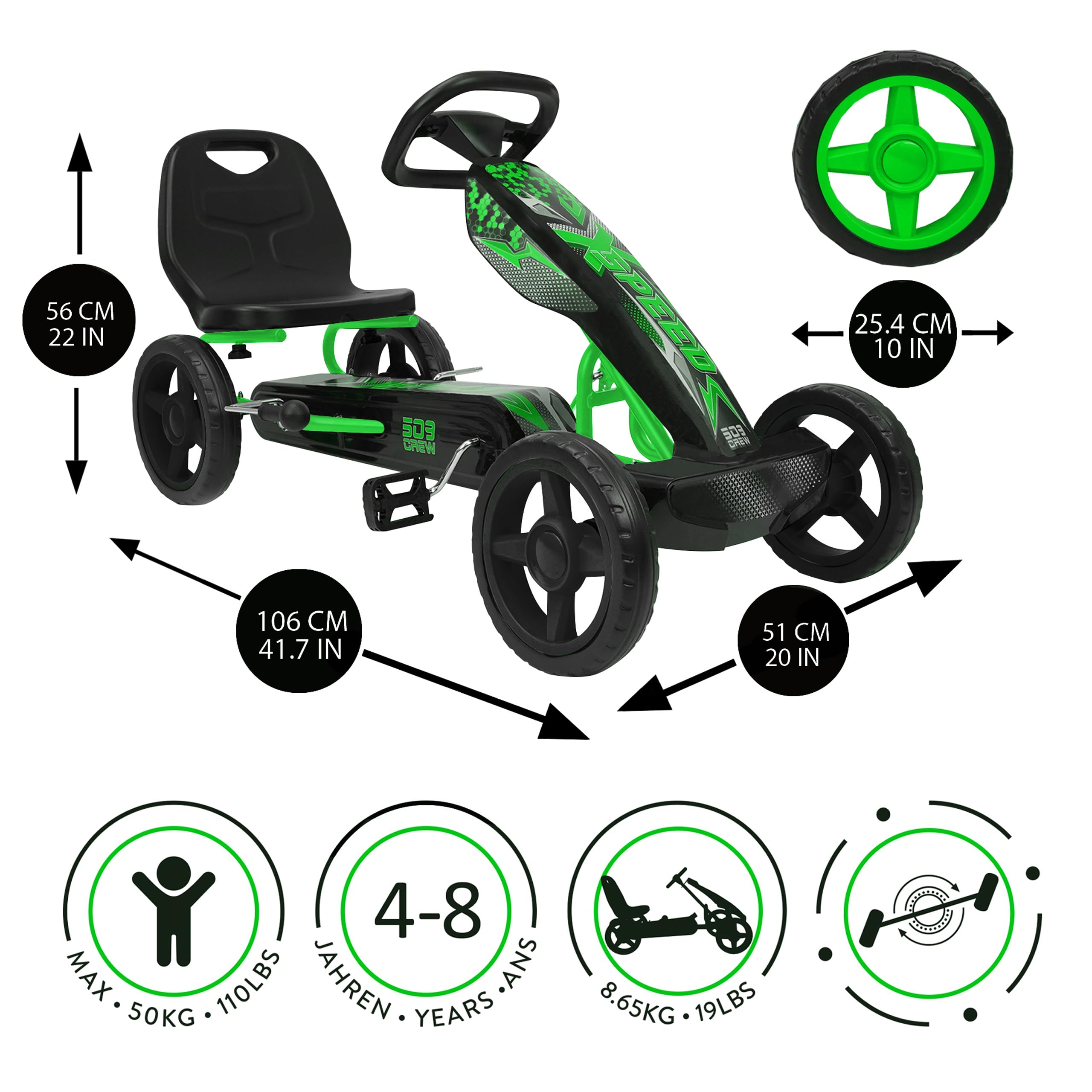 509 Crew XSpeed Pedal Go Kart, Pedal Car, Ride On, Sporty Graphics on The Front Fairing, Adjustable Seat, 4 Spoke Rims 25cm (10") Eva Wheels, Sporty Steering Wheel, with Hand Brake, Ages 4+ (Green)