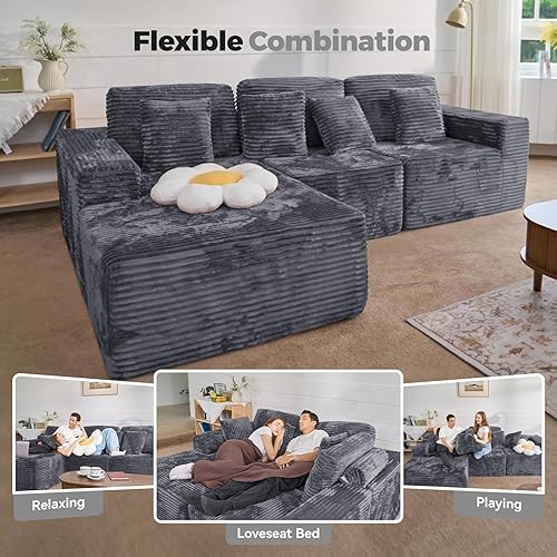 Miniatura 4 de Sofás seccionales modulares de nube de 111 pulgadas con chaise en forma de L, sofá tapizado de asiento profundo sin estructura para sala de estar,