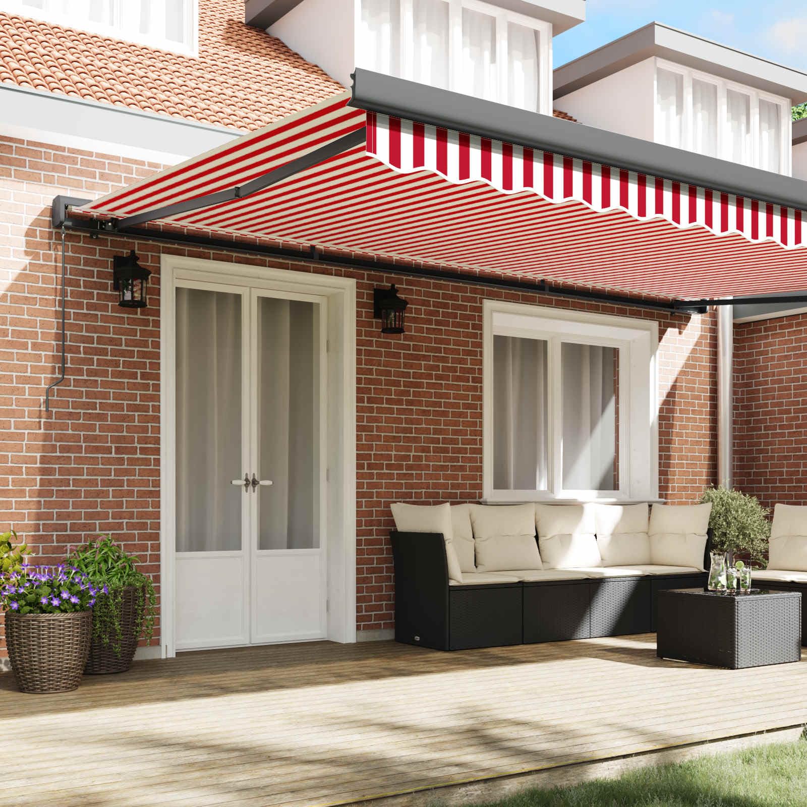 Wysuwana markiza czerwono-biała, 500 x 300 cm, na balkon, taras, do ogrodu, ochrona przed słońcem, odporna na warunki atmosferyczne, z mocowaniem na ścianie korbowej, odporna na wiatr i wodę
