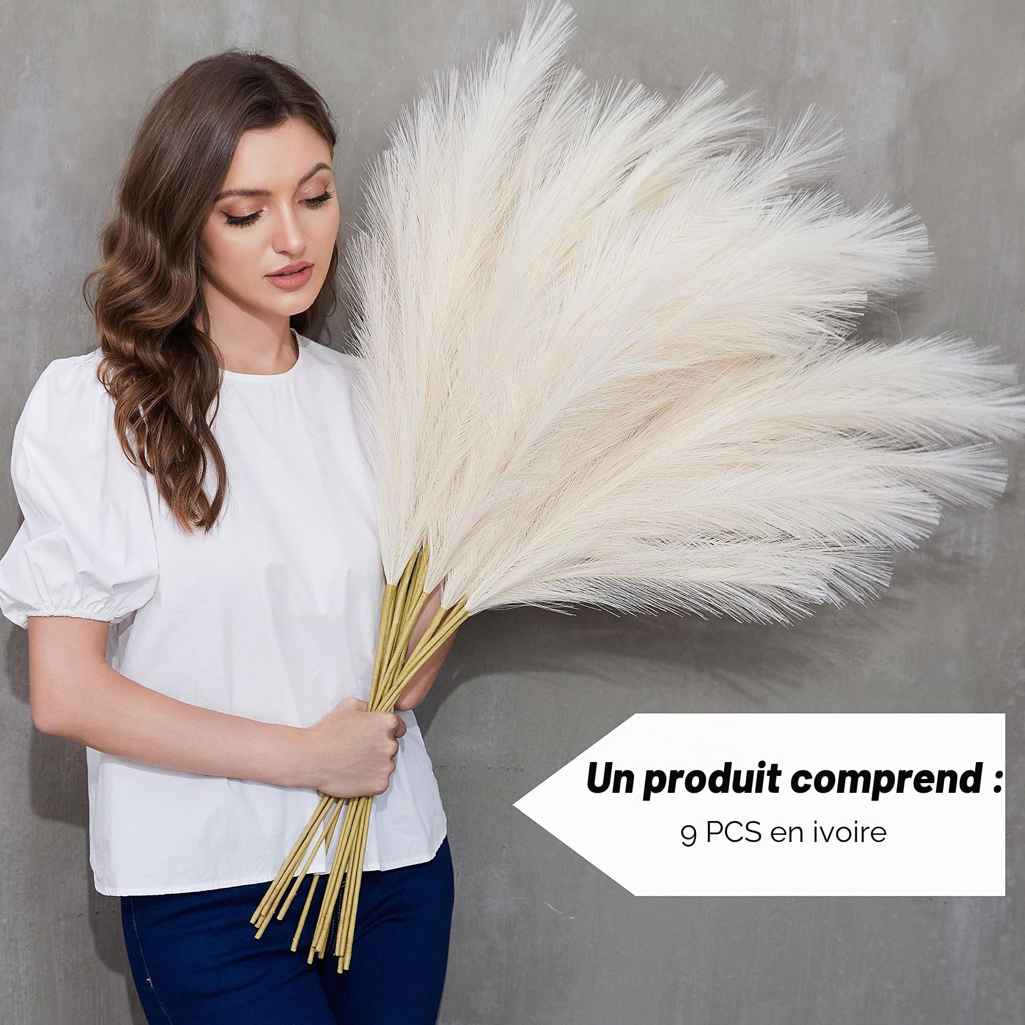 Lot de 9 Grandes Branches de Pampa artificielles pelucheuses pour Vase de Sol, décoration de Mariage, Style bohème, Ferme, Chambre de Mariage, 94 cm de Haut, 94 cm de Haut (Ivoire)