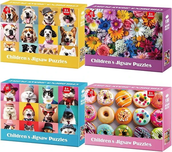 Jeacirio 100 Piece Puzzles for Kids Ages 4-8 - Dogs Flowers Donuts Cats Puzzles - Large Puzzle for Senior Jigsaw Puzzle for Kids Ages 4-6 6-8 8-10 Year Old Educational Toys Gifts 4-Pack 15"x11"