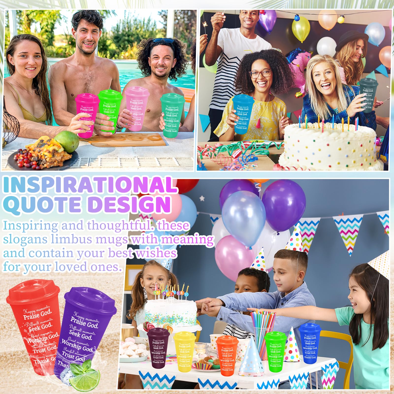 Malloom Lot de 28 tasses à café chrétiennes en plastique avec couvercles, 473,6 g, verset de la Bible, réutilisables – Cadeaux inspirants chrétiens pour femme, amie, collègue, anniversaire, Noël