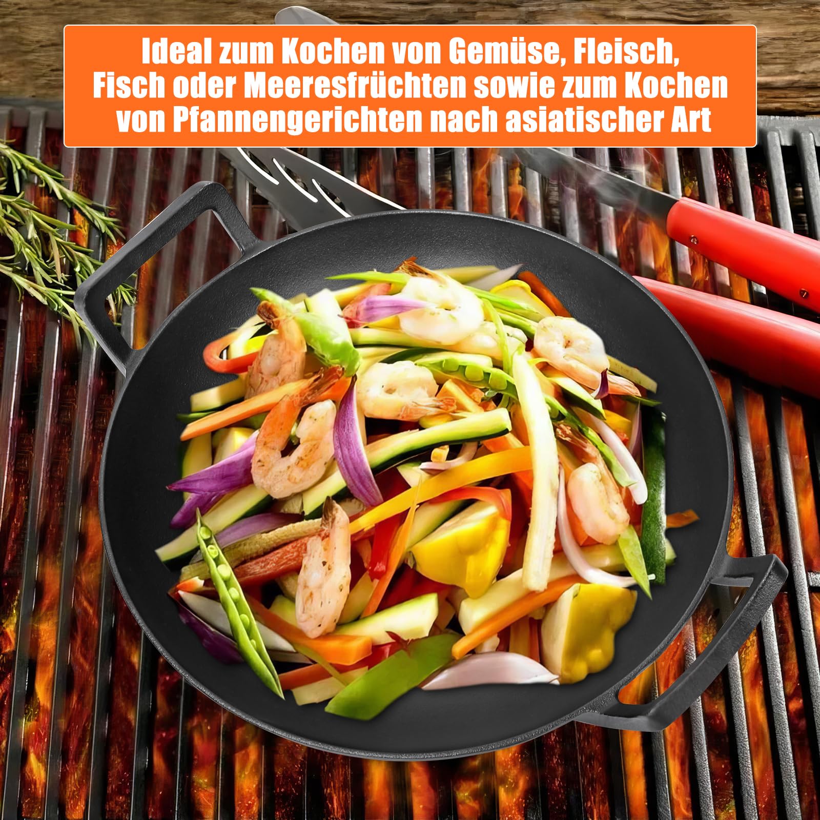 GFTIME Żeliwny wok Ø 36 cm, do grilla gazowego, do kuchenek indukcyjnych, ogniowych, żeliwnych patelni wok do Weber Spirit, Genesis Gourment, do grilla 57 cm