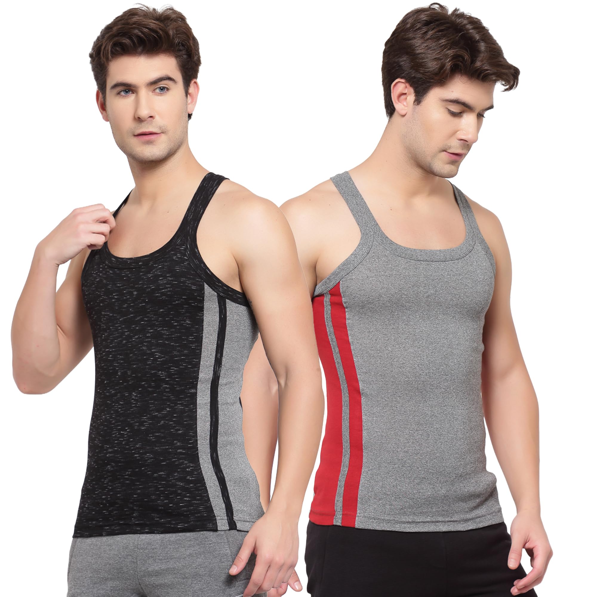 sporto Men's Pure Cotton Solid Side Contrast Panel Multicolour Gym Vest Pack of 2(Colour May Vary)-picture-18